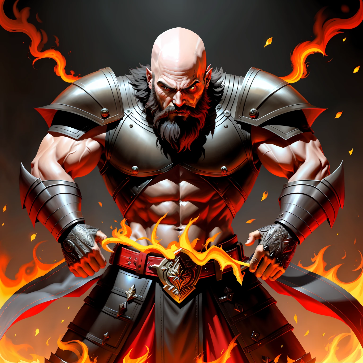 Muscular bald beard medieval Moroccan warrior leather outfit ND Armor fighter Devil in hell flamboyant fire super detailed hyper realistic Dynamic poses 3 points perspective taken scene of centerpiece