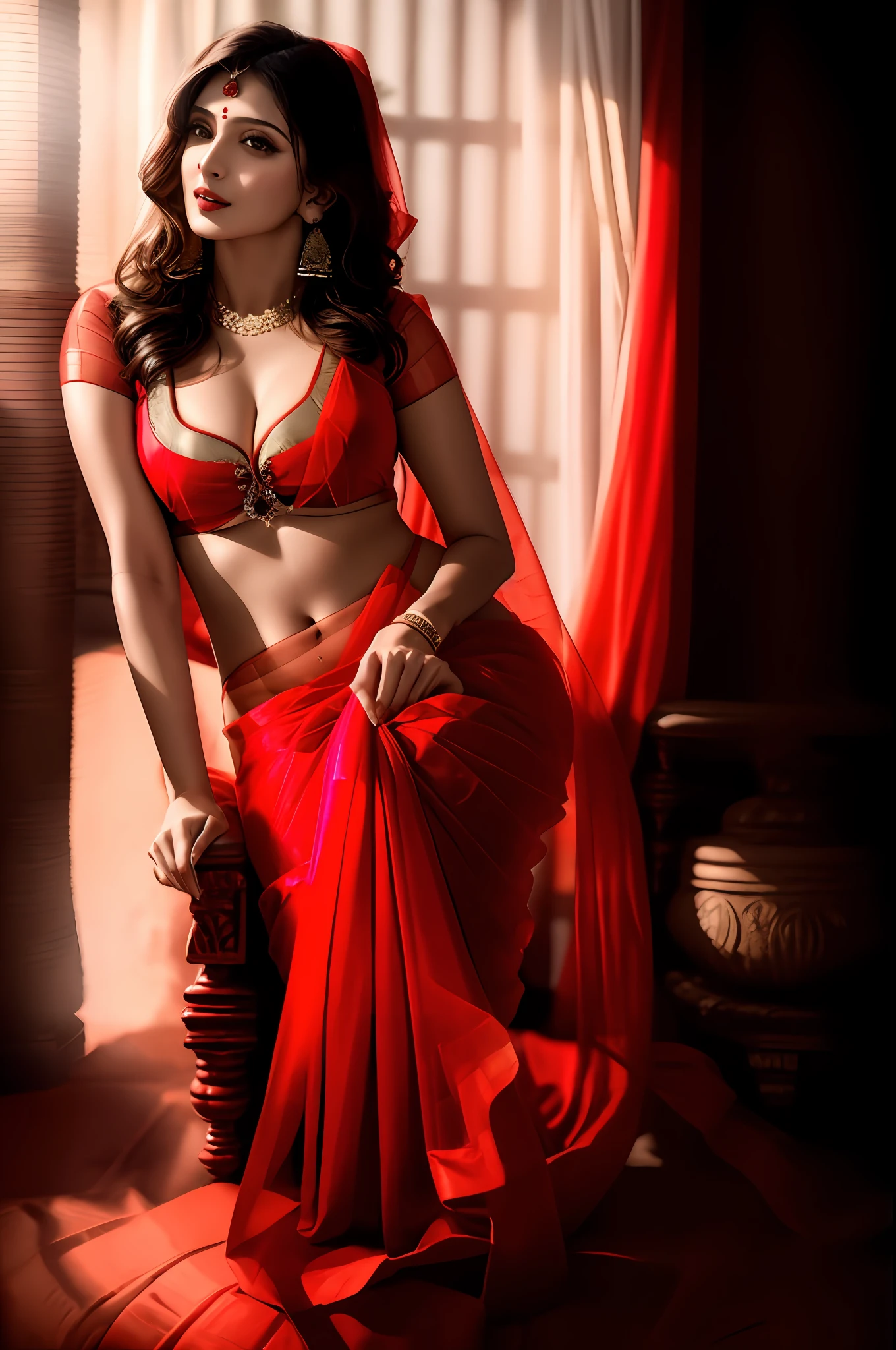 Masterpiece, best quality, One women in red translucent saree, posing for camera, 100mm, sexy figure, cleavage, pretty face, sitting on chair showing facing breast to camera