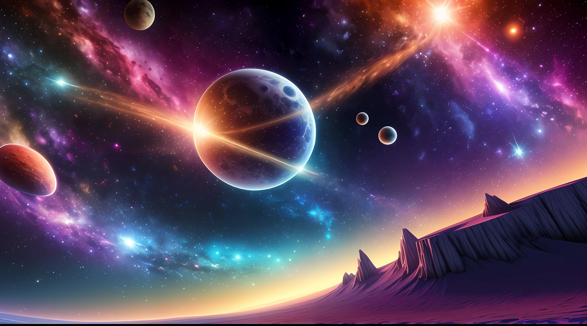 A Space Scenario, with several beautiful stars, lua, cores vibrantes, cartoon 3D, ultra realista, digital illustation, artstation, campo verde, Ultra HD, muito detalhado, estrelas cintilantes, Lunar orbit, Distant Galaxies, colorful nebula.