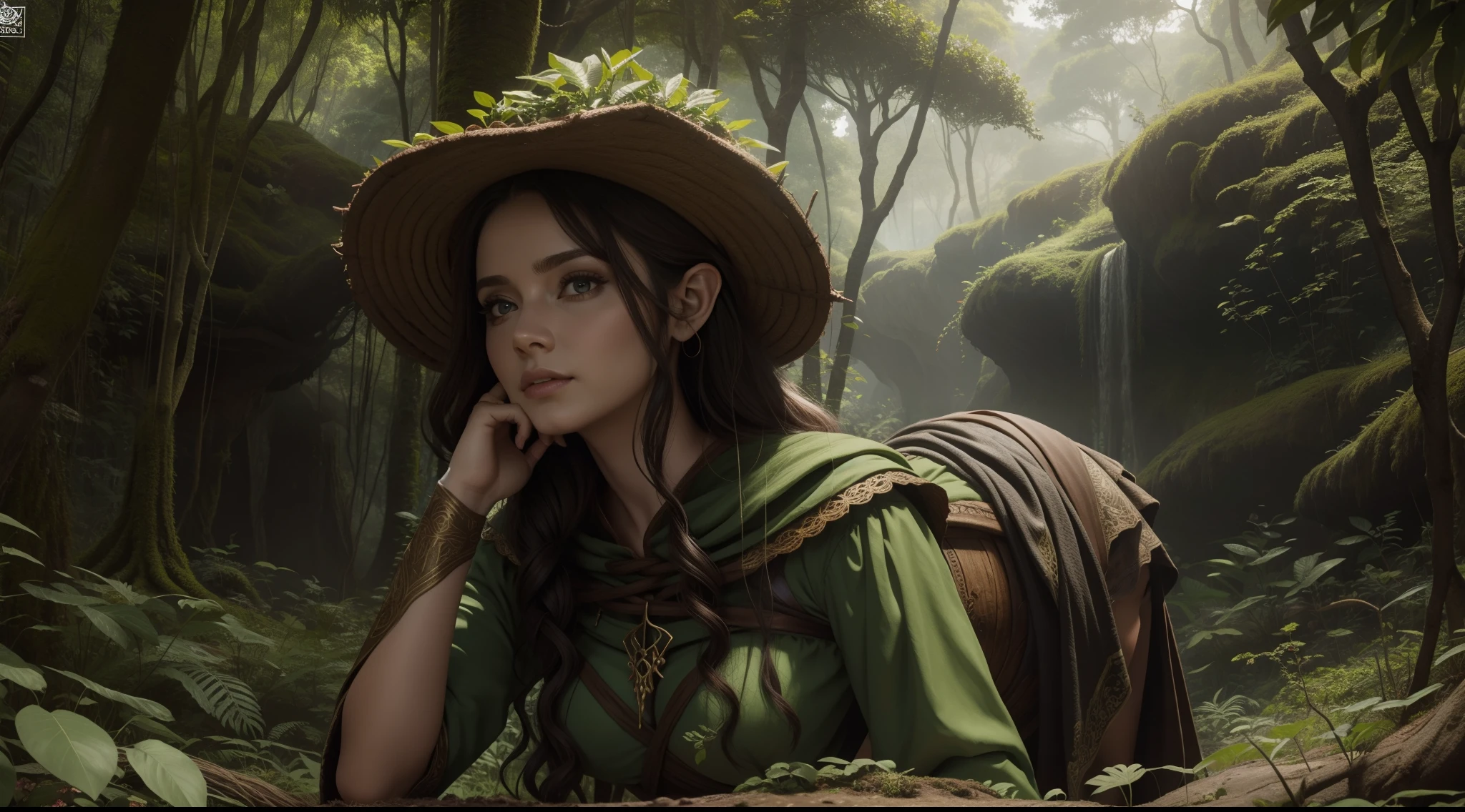 Garota elfo com grande chapeu em formato de cagumelo com um fundo de selva, 8k, obra prima