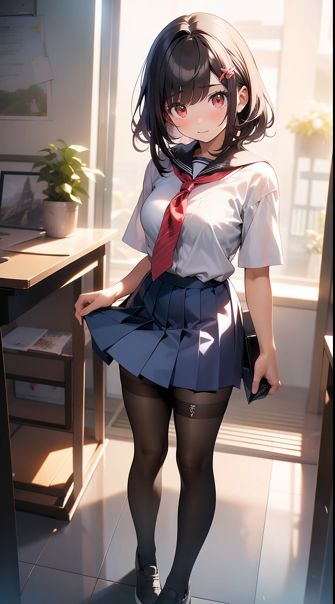 1 Menina da Anime Linda De cabelo Rosa Longo, It's red eyes., com pernas abertas, is With School Skirt, mostrando Roupas Intimas, it's Japanese high school clothing, com estrela nos olhos, imagem Estilo Novel de anime, Roupas Intimas Brancas, com calsinha branca, colegial senda em uma mesa de pernas abertas, mostrando Roupas Intimas, his face is flushed, com vergonha, wearing pantyhose, ((imagem Estilo Novel de anime)), ((corpo inteiro)), ((With Underwear there is Sample))