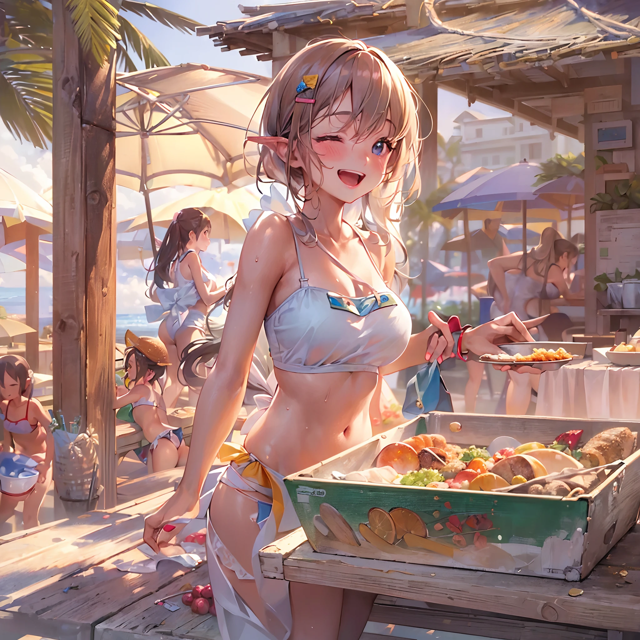 (Best quality), (masterpiece:1.3), (photorealistic:1.36), (realistic), ultra-detailed, 1mini girl, wearing bikini top in cure apron, swimsuit, Fun, smiling fresh sweat, downblouse, leaning forward, side view shot, Not looking at us, beach, beach house, serving food, Sunset, natural light,