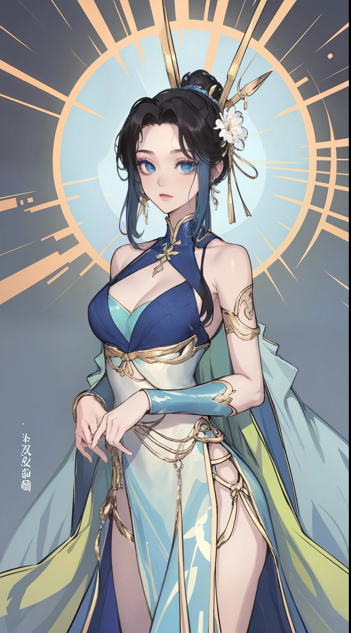 （best qualtiy，tmasterpiece：1.2），超高分辨率，realisticlying，Front lighting，Complicated details，Exquisitedetailsandtextures，（1girll），独奏，The upper part of the body，Blue Hanfu，Petal pattern，Nice big eyes，a blue dress，beauitful face，facing to audience，Streamers，gossamer，（年轻），Facial highlights，Detal Face，tear-mole，white skinned，Silvery hair，High ponytail，looking at viewert，largeeyes，（Openwork pattern），耳Nipple Ring，slimfigure，white backgrounid，correct hand，profesional lighting，photon maping，Radio City，physically-based renderingt