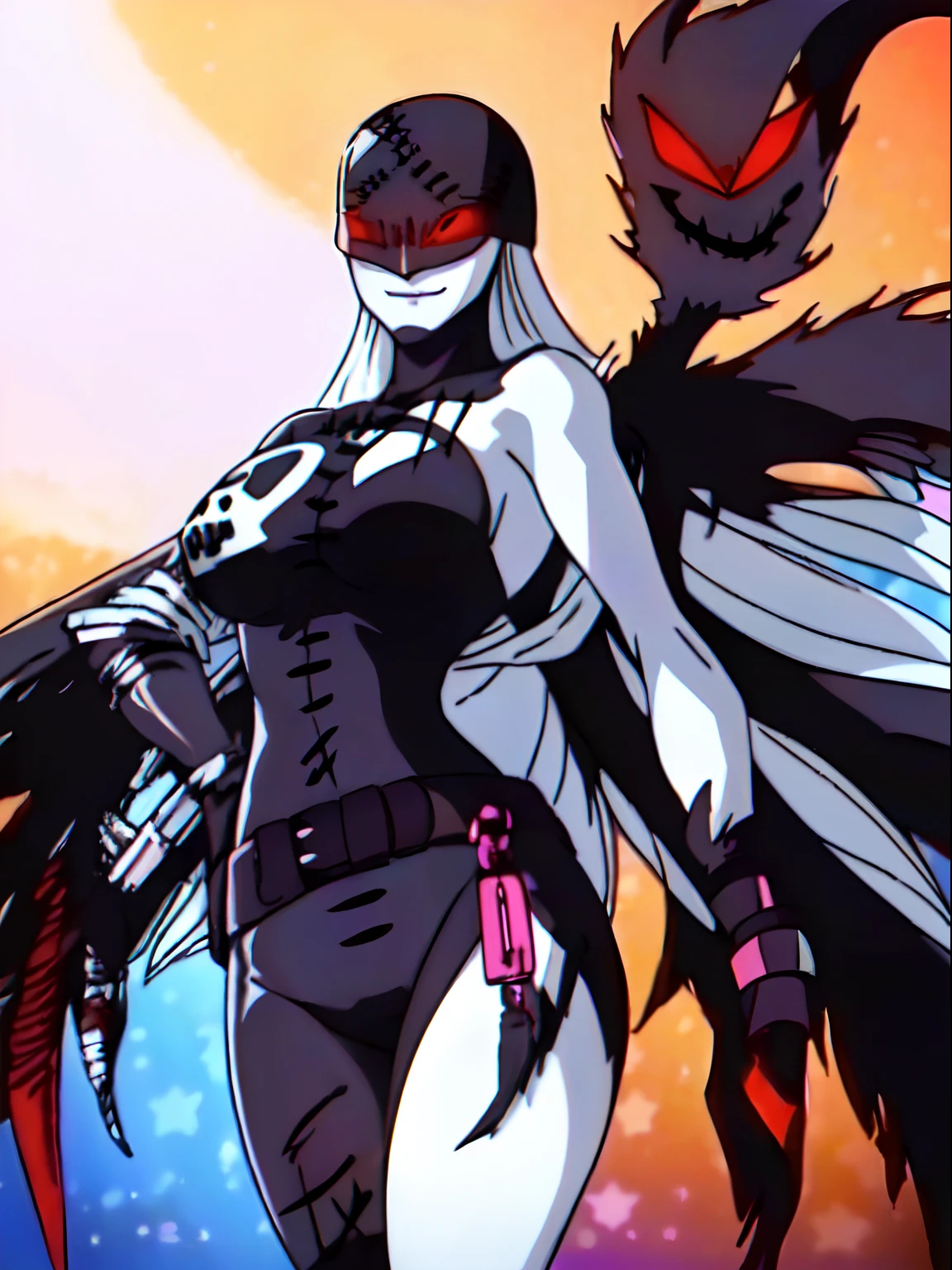 HighestQuali,Highest image quality,4 k hd wallpaper,Kizi(Ladydevimon,(Detailed depiction of the face:1.3),(black eye mask:1.3),(Gold chest patch:1.3),(The wings of a six-winged angel:1.3),(Pink streamers:1.3),(Detailed description of the box),(full bodyesbian:1.7)),Extreme detail