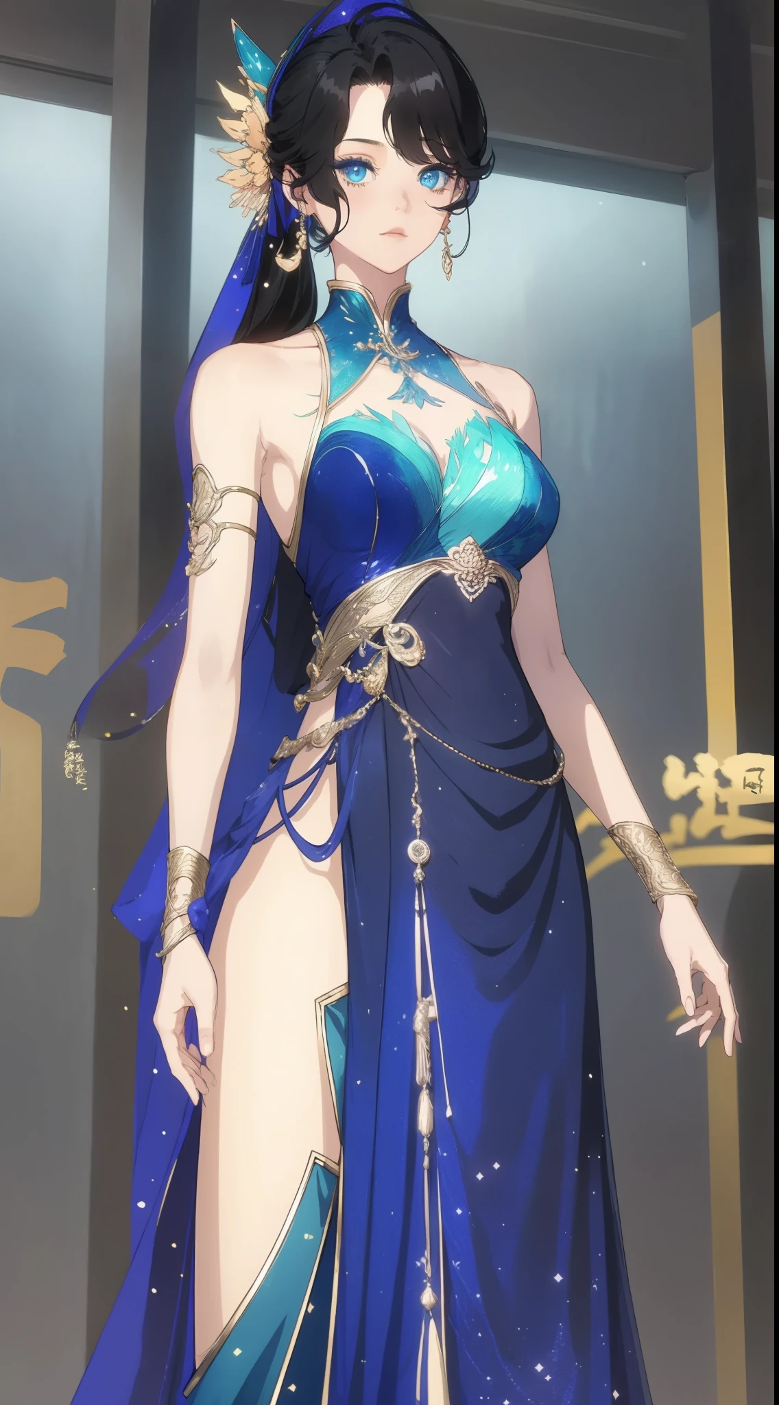 （best qualtiy，tmasterpiece：1.2），超高分辨率，realisticlying，Front lighting，Complicated details，Exquisitedetailsandtextures，（1girll），独奏，The upper part of the body，Blue Hanfu，Petal pattern，Nice big eyes，a blue dress，beauitful face，facing to audience，Streamers，gossamer，（年轻），Facial highlights，Detal Face，tear-mole，white skinned，Silvery hair，High ponytail，looking at viewert，largeeyes，（Openwork pattern），耳Nipple Ring，slimfigure，white backgrounid，correct hand，profesional lighting，photon maping，Radio City，physically-based renderingt