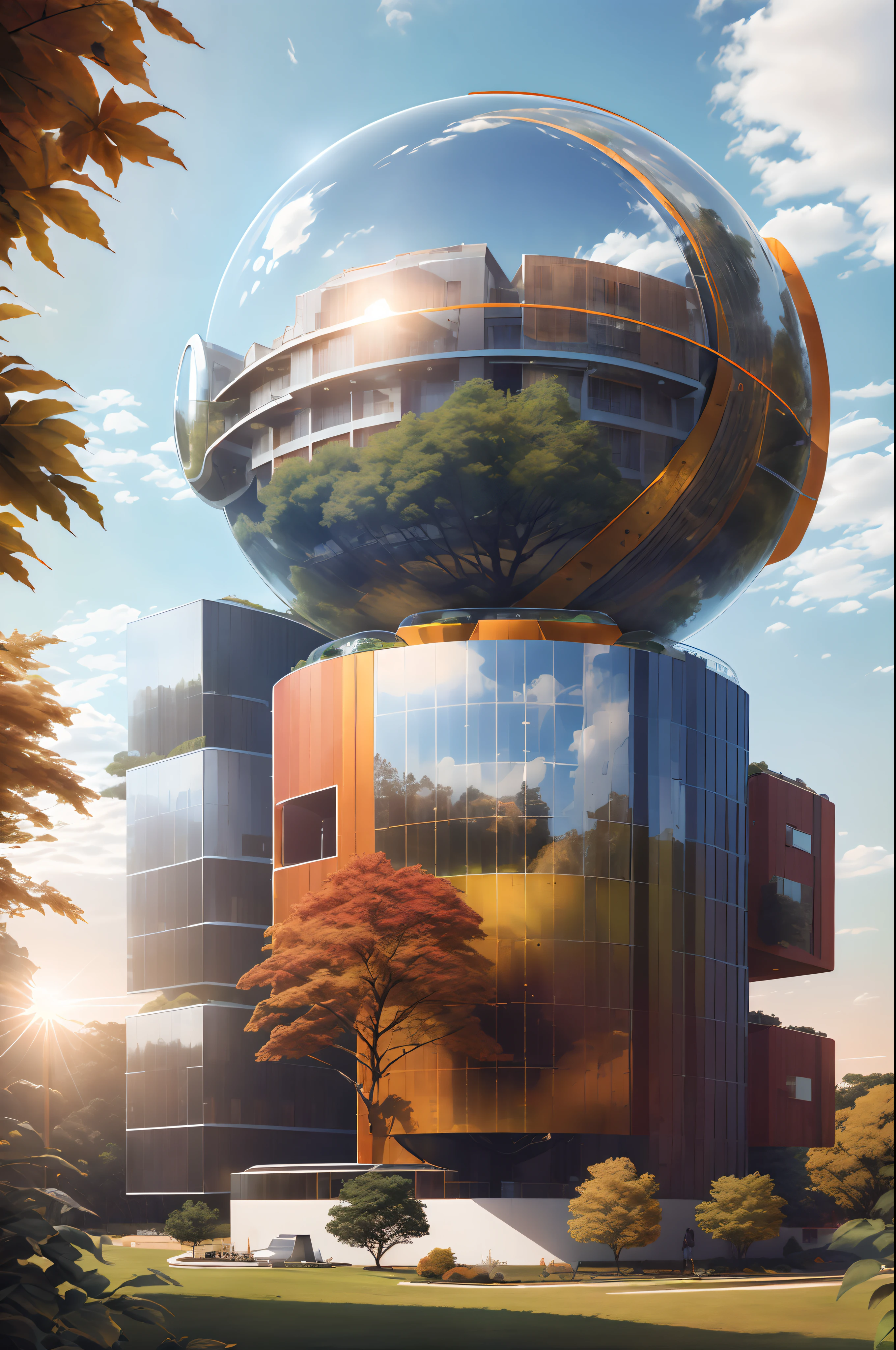 high solar energy technology, modern architecture, scientific home, semi-spherical exterior home, metallic, forest, daylight, sky, white cloud, realistic, futuristic, 8K, masterpiece, best quality, high resolution, extremely full detailed,
