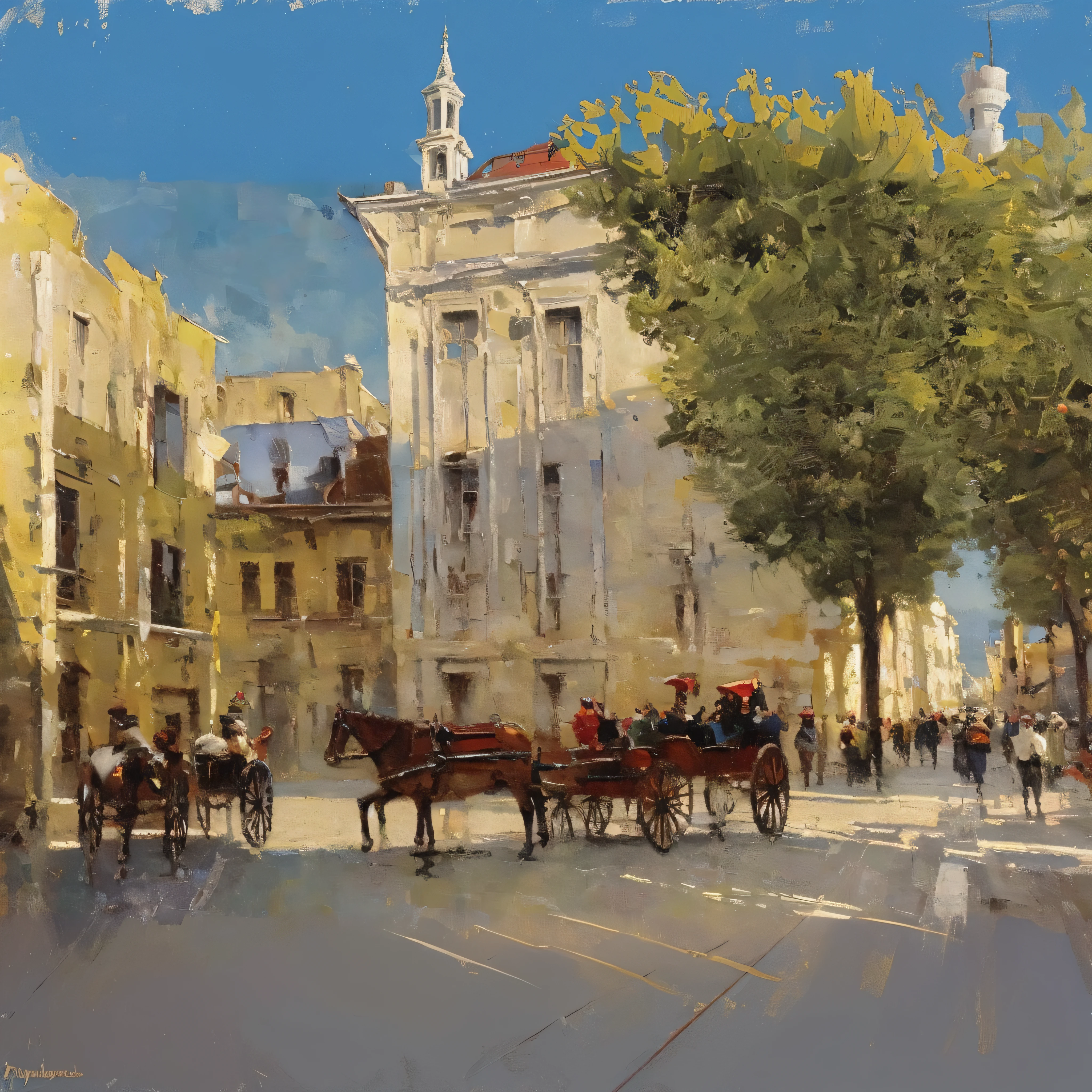 painting of a horse drawn carriage on a city street with people, dmitry spiros, by Roman Bezpalkiv, by Wojciech Weiss, alexi zaitsev, by Fyodor Rokotov, garmash, by Andrei Ryabushkin, by Karl Kopinski, by Vladimir Borovikovsky, by Fyodor Slavyansky