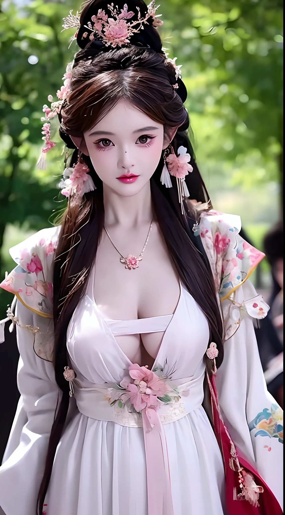 1 realistically beautiful girl, waist length hair, black eyes, ancient Ao Dai, style hanfu, wearing a thin silk shirt of ancient China, pink and smooth white skin, wearing a discreet ancient style ao dai, appears shoulders and head in the photo, plump red lips, pout, mouth shut, embarrassed, small face makeup detailed and very beautifull, breast augmentation, ((big blum boobs:1.0)), Cover the girl's chest with a camisole inside, blush, from front, wear earrings, necklaces, from above, looking at viewer, upturned eyes, full body, masterpiece, top quality, best quality, official art, unity 8k wallpaper, highres, ultra-high res, ultra-detailed, (photorealistic:1.2), alone, solo, Only 1 girl, style hanfu Dunhuang, 10x pixels, super realistic, ultra high quality, full body view of the girl, upper body,