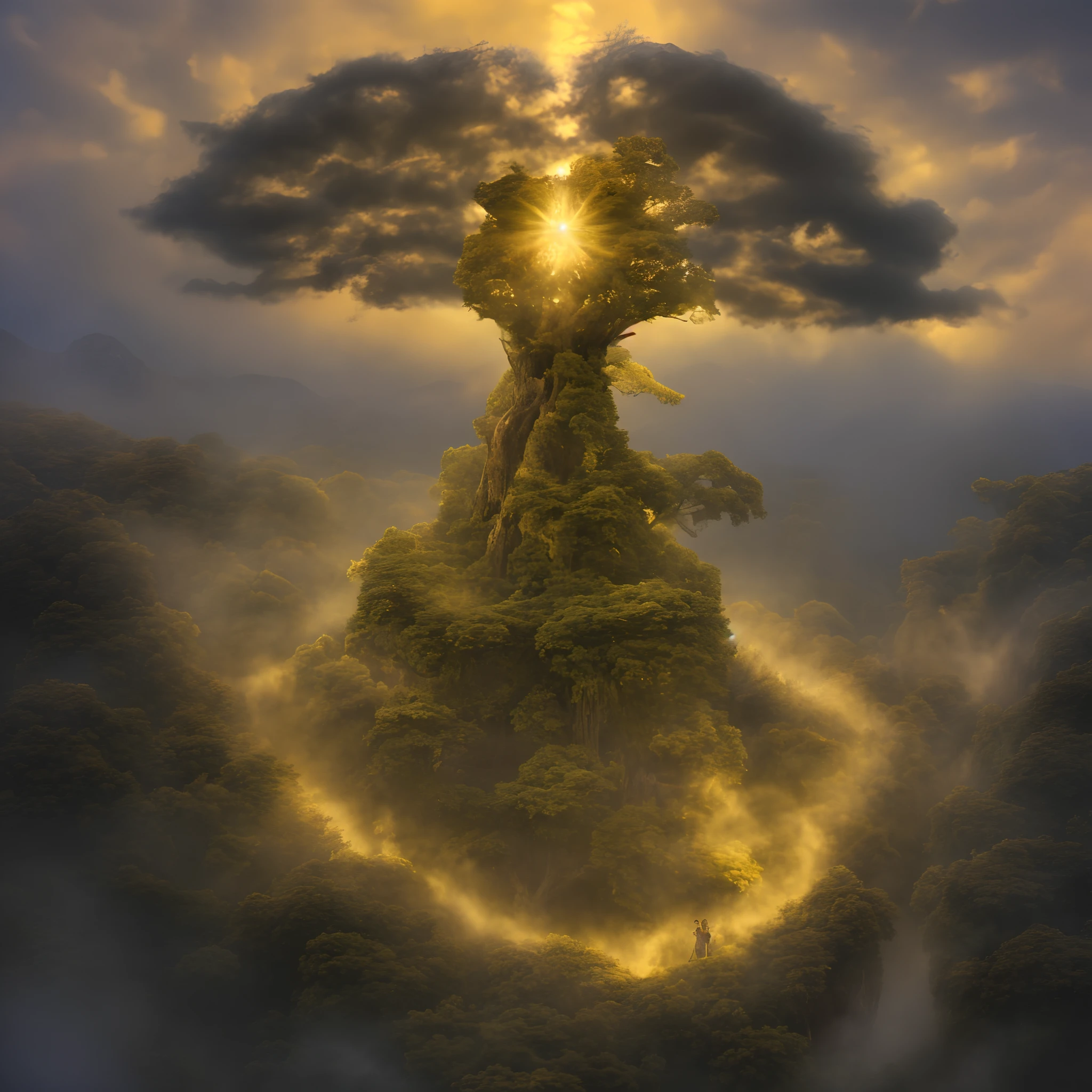 The Erdtree (Golden tree, Ōgonju) is a giant, golden tree that towers above the Lands Between. The Lands Between are blessed by the Elden Ring, which is the source of the Erdtree, that symbolizes its presence. It is the heart of the Golden Order. The blessing granted by the Erdtree and consequently the Elden Ring, is represented by a golden light in the eyes of the inhabitants of the Lands Between, known as the Grace of Gold. Upon their deaths, the remembrances of demigods and greater champions, and other such powerful beings are hewn into the Erdtree, 1tree, ((over the clouds)), glowing, purple sky, (purple1.2), no human, old tree, scenery, extreme long shot, from above