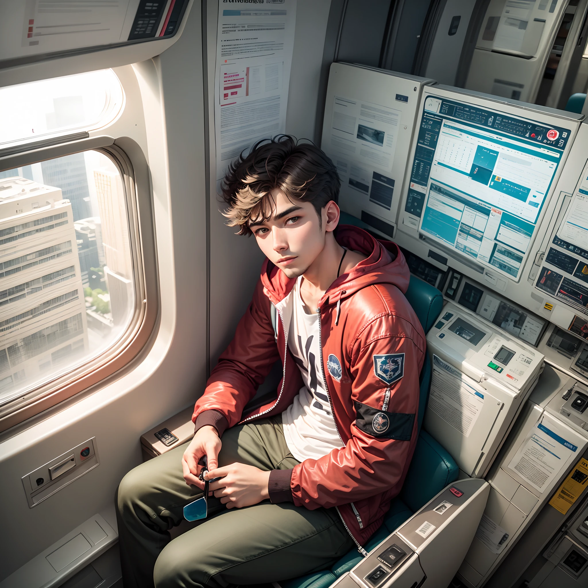 a 25 year old boy sit on a plane/look at camera/distance from camera is 70 meter --auto --s2