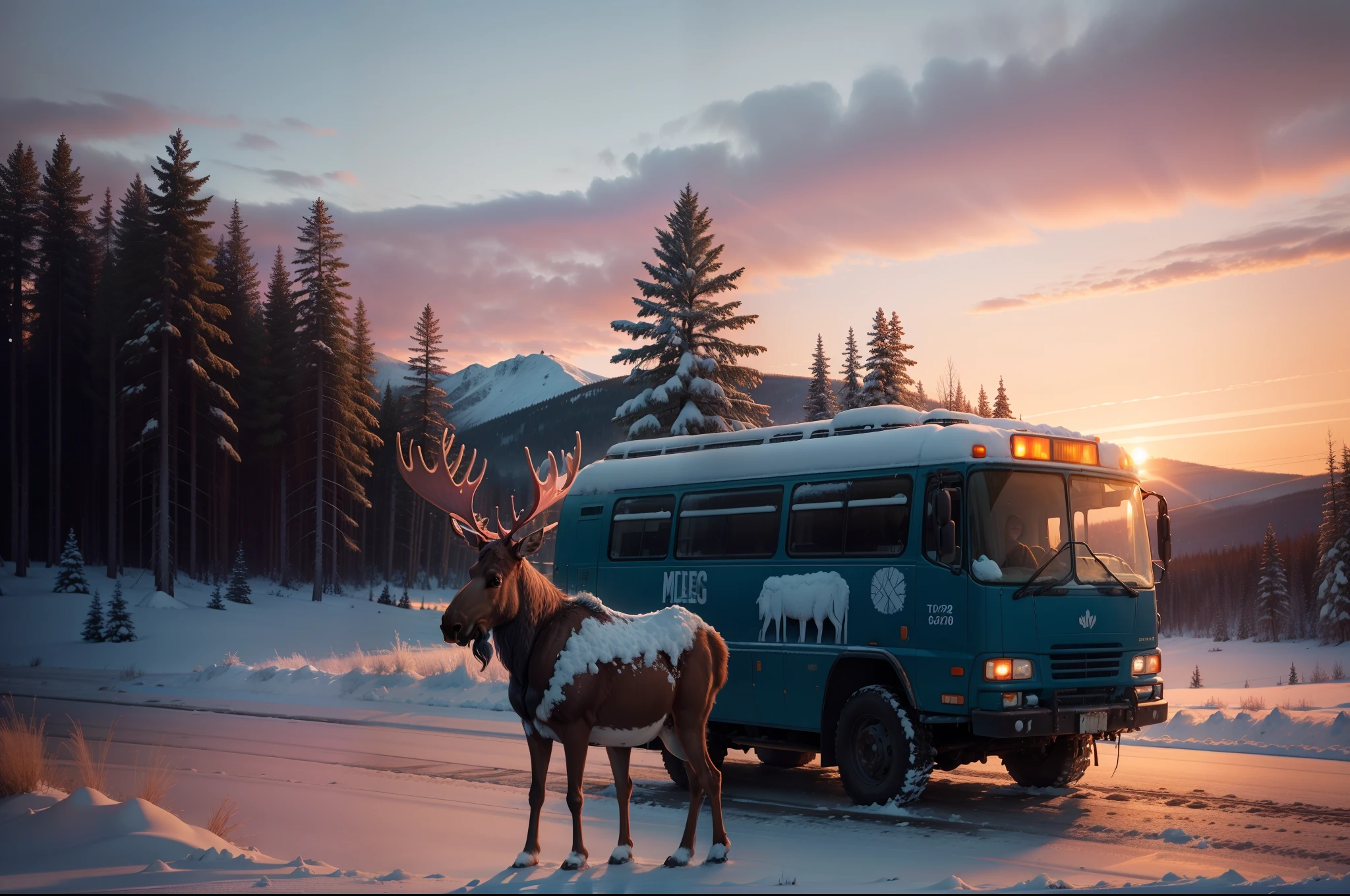 A moose at the side of the road, the moose looks at the front of an old, dented blue bus passing through the snowy landscape. The pink sunset light reflects on the windshield. The bus travels in directior of the sunset. Further back you can see a forest. The landscape is dyed with pink and salmon colors by the sunset light. A moose can be seen