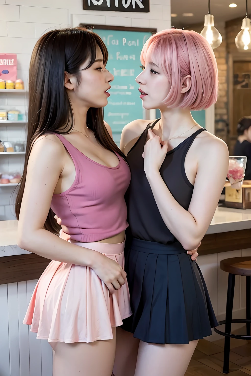 2 women having fun in the ice cream shop, lewd:1,2, hentai:1,2, NSFW:1,2, lesbian yuri:1,2, kissing, blushing, wearing tank tops and skirts