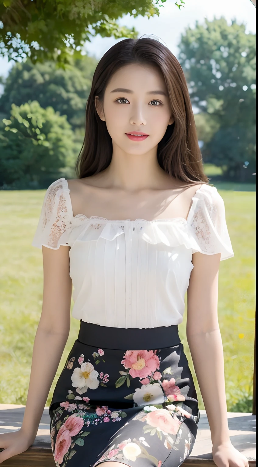((best qualtiy, 8K, tmasterpiece:1.3)),Focus:1.2, female high-school student，Perfect S-Shaped Body，（A look of determination）（adolable），delicated face，Long hair waist-length，long hair flowing，Tilt your head，ssmile，Hair details，Delicate Full Body Portrayal，Delicate depiction of the face，Best picture quality，A high resolution，细致背景，Delicate portrayal，exquisitedetails，Rich in detail，Facial strengthening，(Black cropped top，Floral bust midi skirt)，with blue sky and white clouds，Flowers，wooden cabin，There are no bags under the eyes，gazebo，Sit in the gazebo，A gentle breeze
