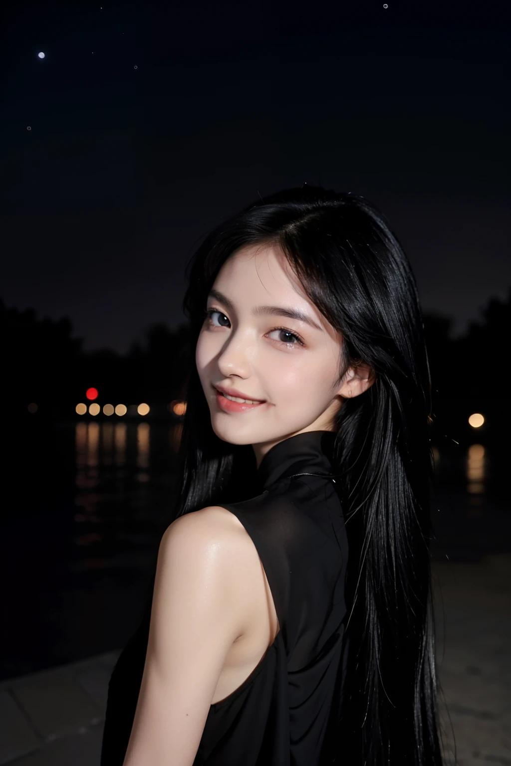 1 girl. long black hair. Long hair . looking back. beautiful face. black eyes. smiling brightly. wearing a subtle black dress , Don't reveal too much . slim body. White skin . Is a 17 year old girl. The face has an innocent look but attractive .The scene in the background is a starry night.