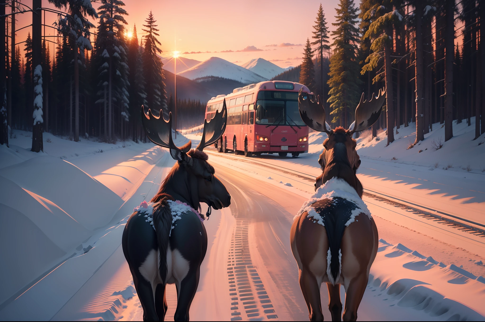 A moose at the side of the road, the moose looks at the front of an old, dented blue bus passing through the snowy landscape. The pink sunset light reflects on the windshield. The bus travels in directior of the sunset. Further back you can see a forest. The landscape is dyed with pink and salmon colors by the sunset light. A moose can be seen