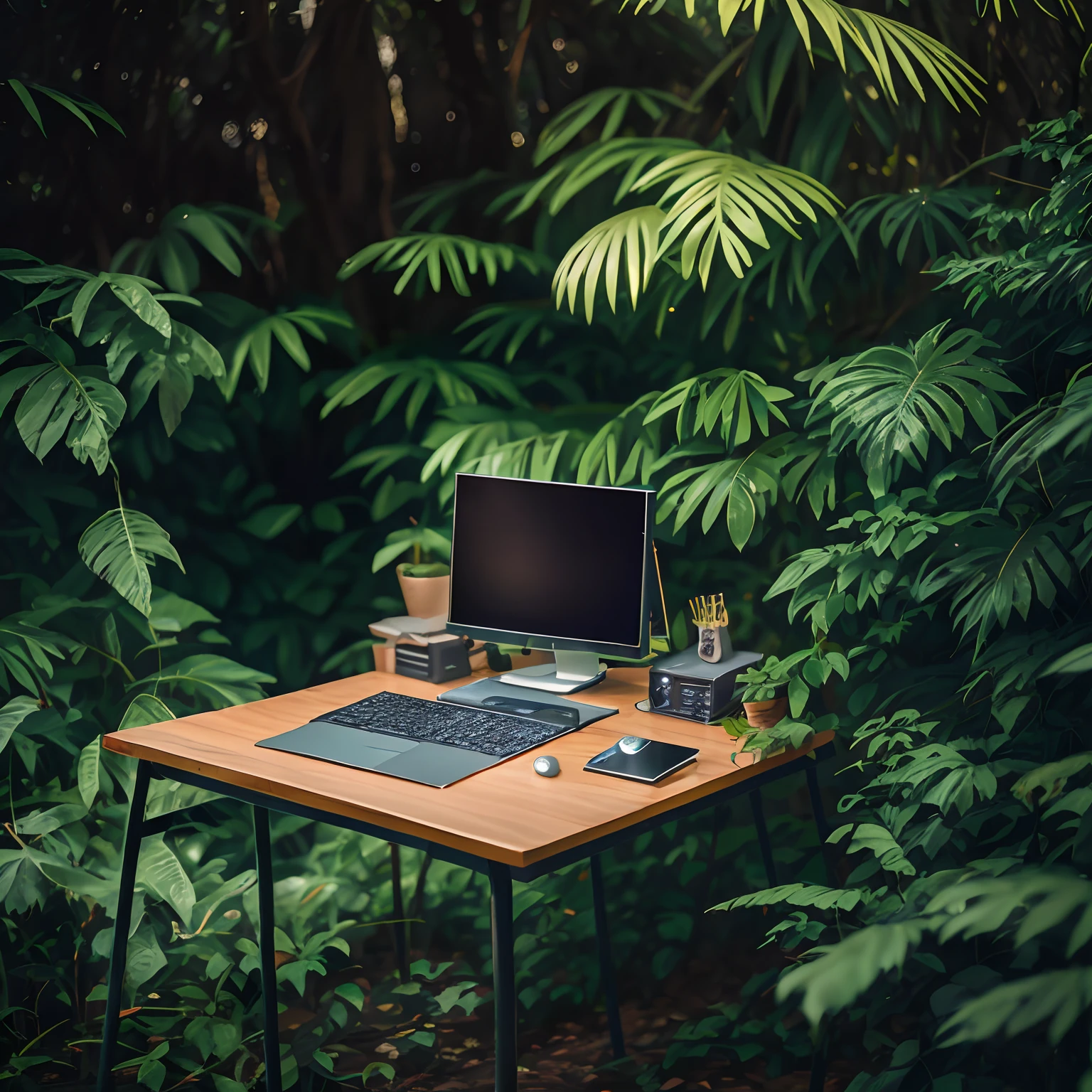 Uma mesa de computador colocada no fundo de uma floresta. No estilo de fotografia instasnap fujifilm. Atmospheric and diffuse lighting --auto --s2