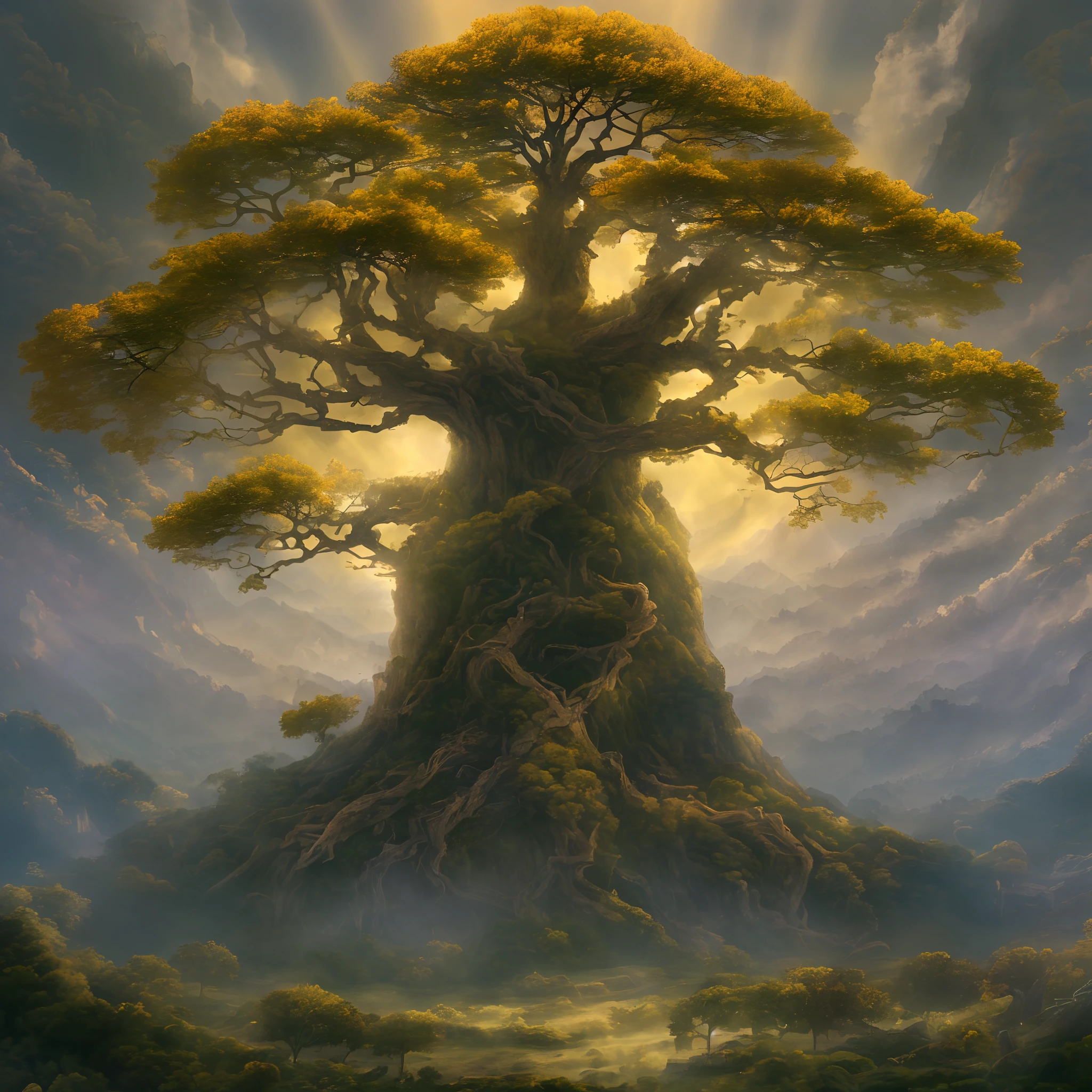 The Erdtree (Golden tree, Ōgonju) is a giant, golden tree that towers above the Lands Between. The Lands Between are blessed by the Elden Ring, which is the source of the Erdtree, that symbolizes its presence. It is the heart of the Golden Order. The blessing granted by the Erdtree and consequently the Elden Ring, is represented by a golden light in the eyes of the inhabitants of the Lands Between, known as the Grace of Gold. Upon their deaths, the remembrances of demigods and greater champions, and other such powerful beings are hewn into the Erdtree, 1tree, ((over the clouds)), glowing, purple sky, (purple1.2), no human, old tree, scenery, extreme long shot, from above