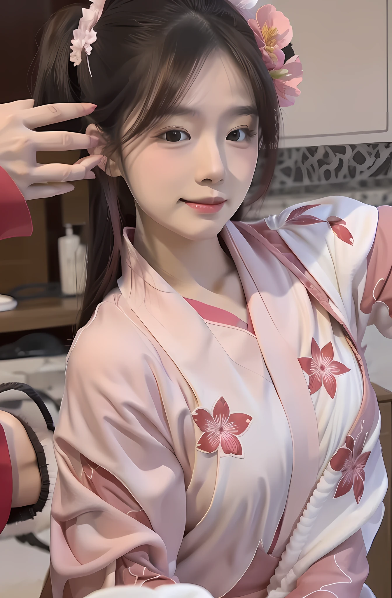 Asian woman in pink robe taking selfie in bathroom, Take selfies on your knees and crouches， in a kimono, komono, classy yukata clothing, Japanese clothes, Japanese kimono, Wearing a kimono, yukata clothing, in a kimono, red kimono with flower patterns, wearing pink floral chiton, japanese-inspired, pale and coloured kimono, classic kimono，Talk about blush，Sweet pink eye shadow，More realistic glow，A more realistic face，Eliminate the extra hand on the left ，More realistic hair texture
