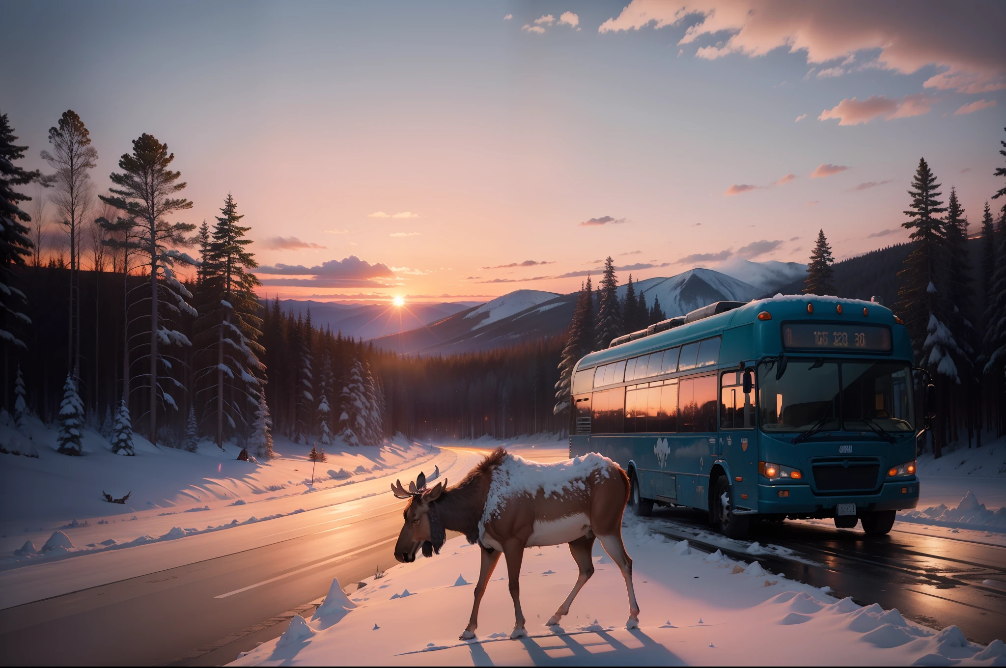 A moose at the side of the road, the moose looks at the front of an old, dented blue bus passing through the snowy landscape. The pink sunset light reflects on the windshield. The blue bus travels in direction of the sunset. Further back you can see a forest. The landscape is dyed with pink and salmon colors by the sunset light. A moose can be seen