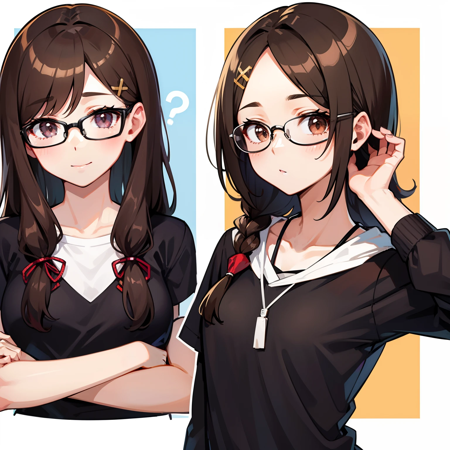 Brown hair(half up)、1 female、eye glasses