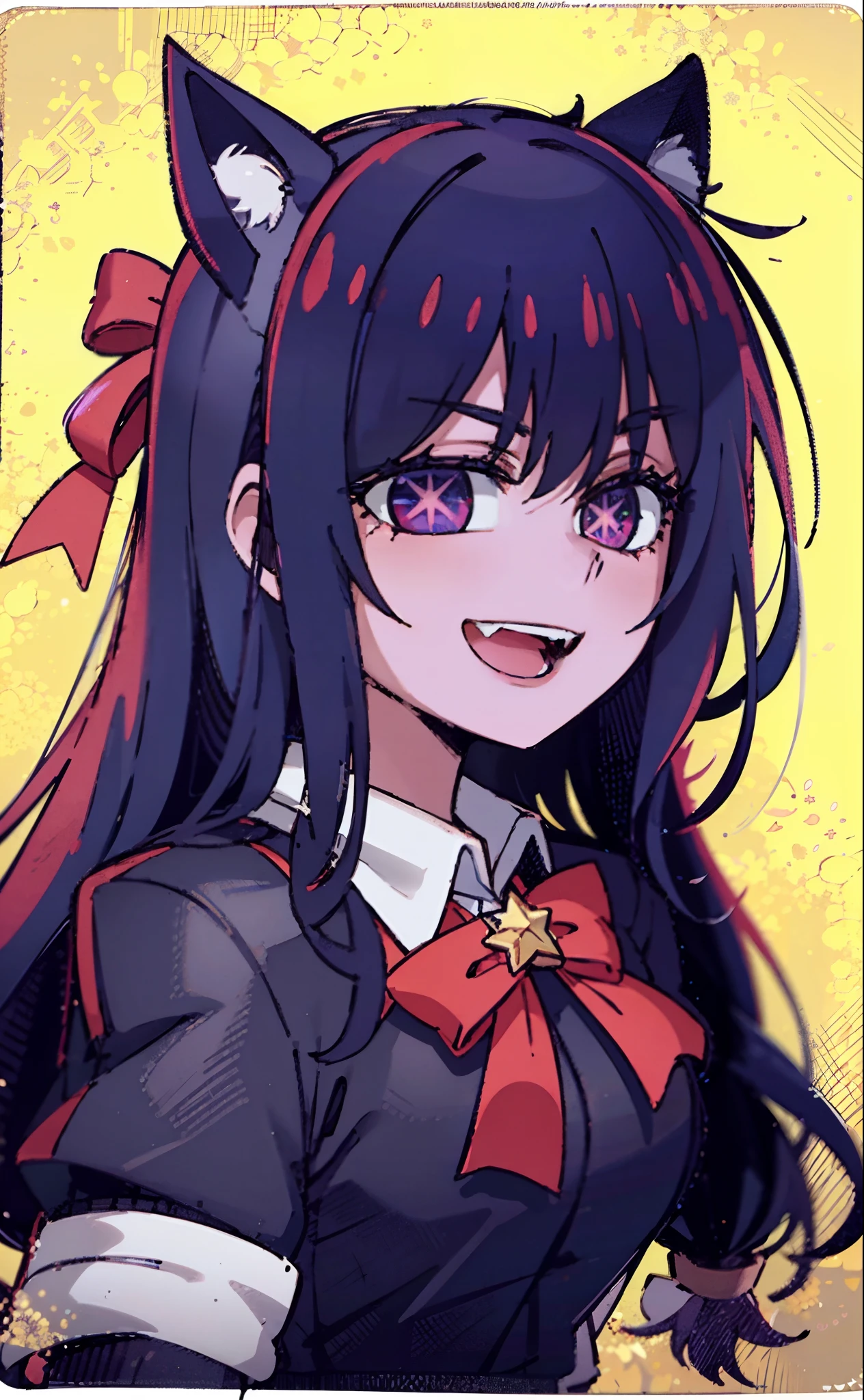 2d, tmasterpiece, Best quality at best, Very detailed eyes, very vey very detailed face, cowboy lens, one-girl（（There is a five-pointed star in the eye））A girl with long purple hair，School uniform JK，Smile，Open mouth，one color background