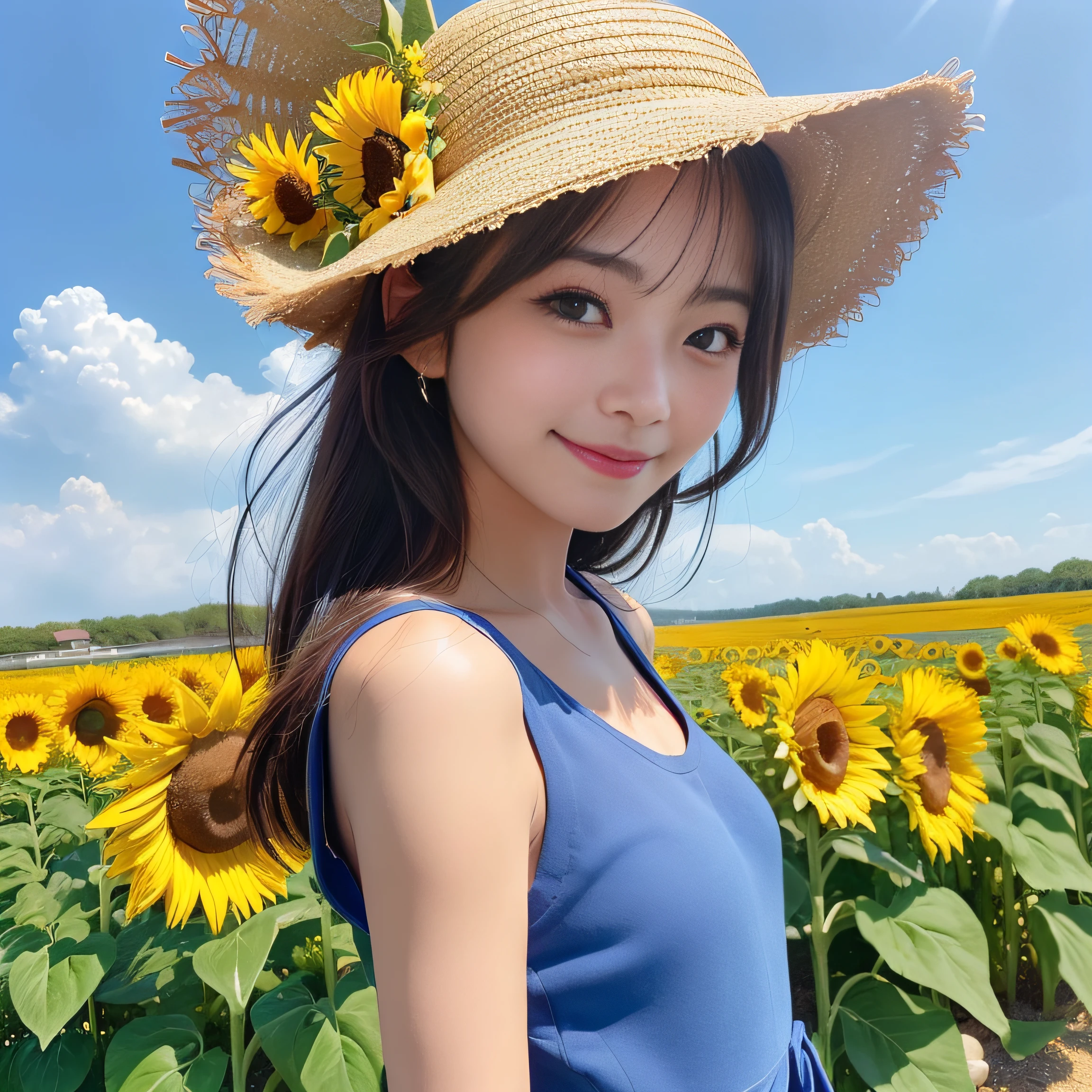 8K、(realisitic、Photorealsitic:1.37)、(masterpiece)、(top-quality:1.4)、(超A high resolution:1.2)、(RAW Photography:1.2)、(foco nítido:1.3)、(facefocus:1.2)、(full bodyesbian:1.2)、1girl, (solo:1.5), long hair, upper body, (one-piece dress:1.3), (straw hat:1.3), outdoor, sunflower, smile, blue sky、(happy smail:1.3)、 landscapes, beautiful finely detailed eyes, Look at viewers, (cute little)、sunflowers fields、backshots