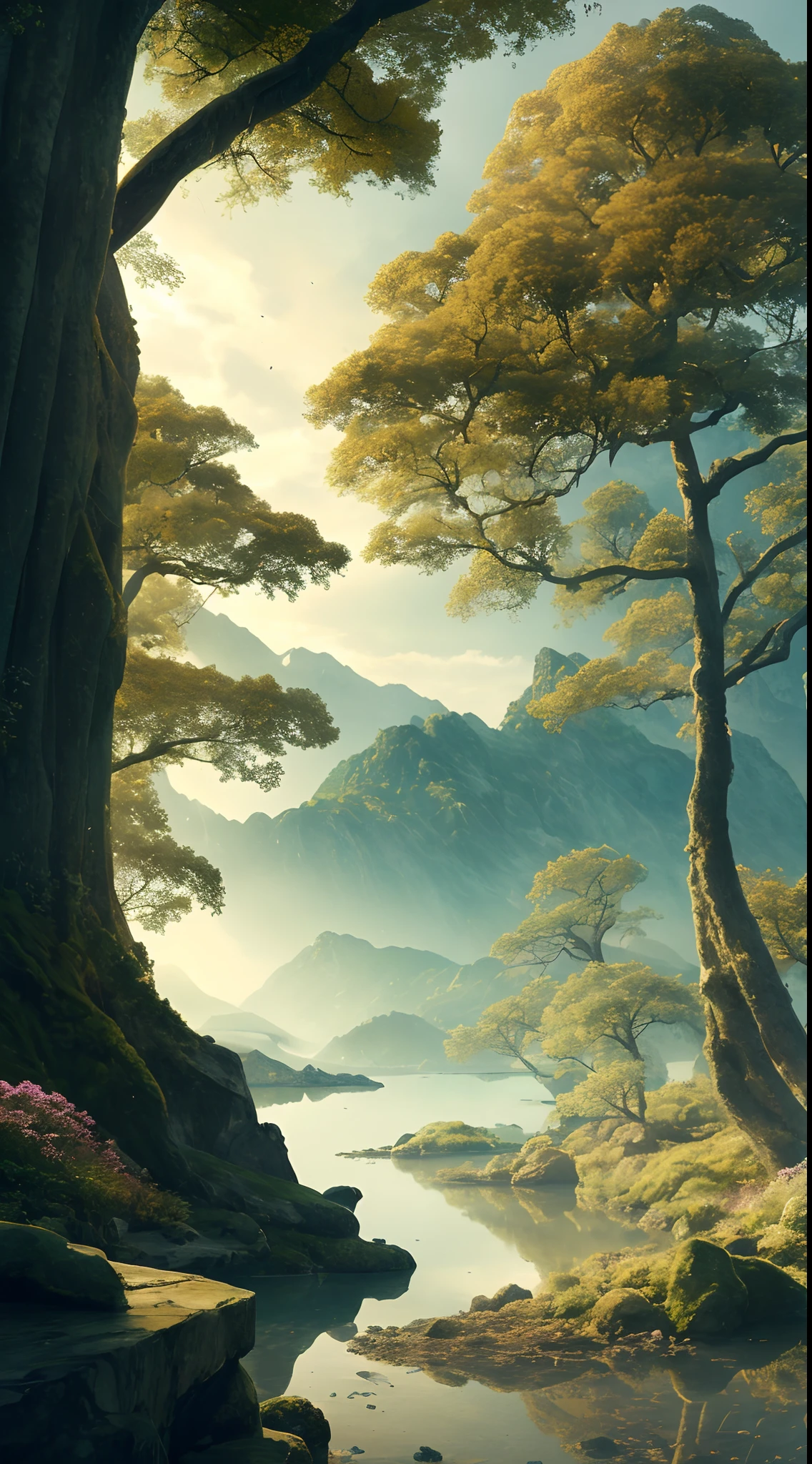 masterpiece, best quality, high quality, extremely detailed CG unity 8k wallpaper,landscape with Visual Weight ,A place with a very vast nature with big trees and lots of vegetation,fat,lovely,Lake Baikal,holly,PSX GRAPHICS,award winning photography, Bokeh, Depth of Field, HDR, bloom, Chromatic Aberration ,Photorealistic,extremely detailed, trending on artstation, trending on CGsociety, Intricate, High Detail, dramatic, art by midjourney