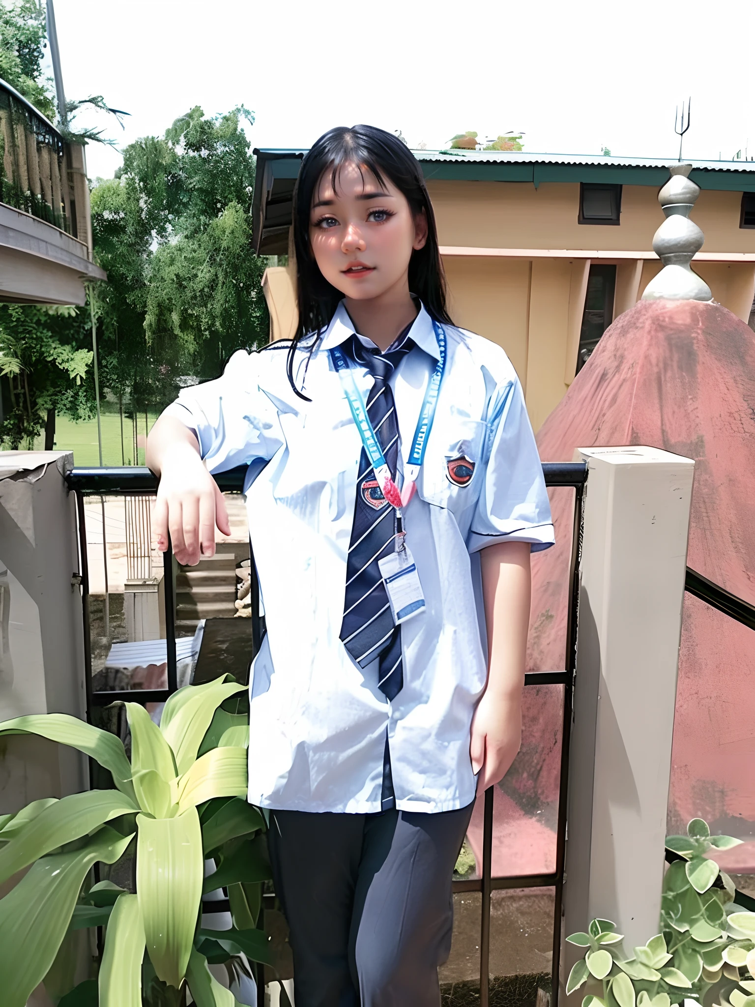 A cute teenage girl with bangs on school dress, sunlight shining on her, realistic, lookalike, look alike, cute face, pretty face, animated dress and background