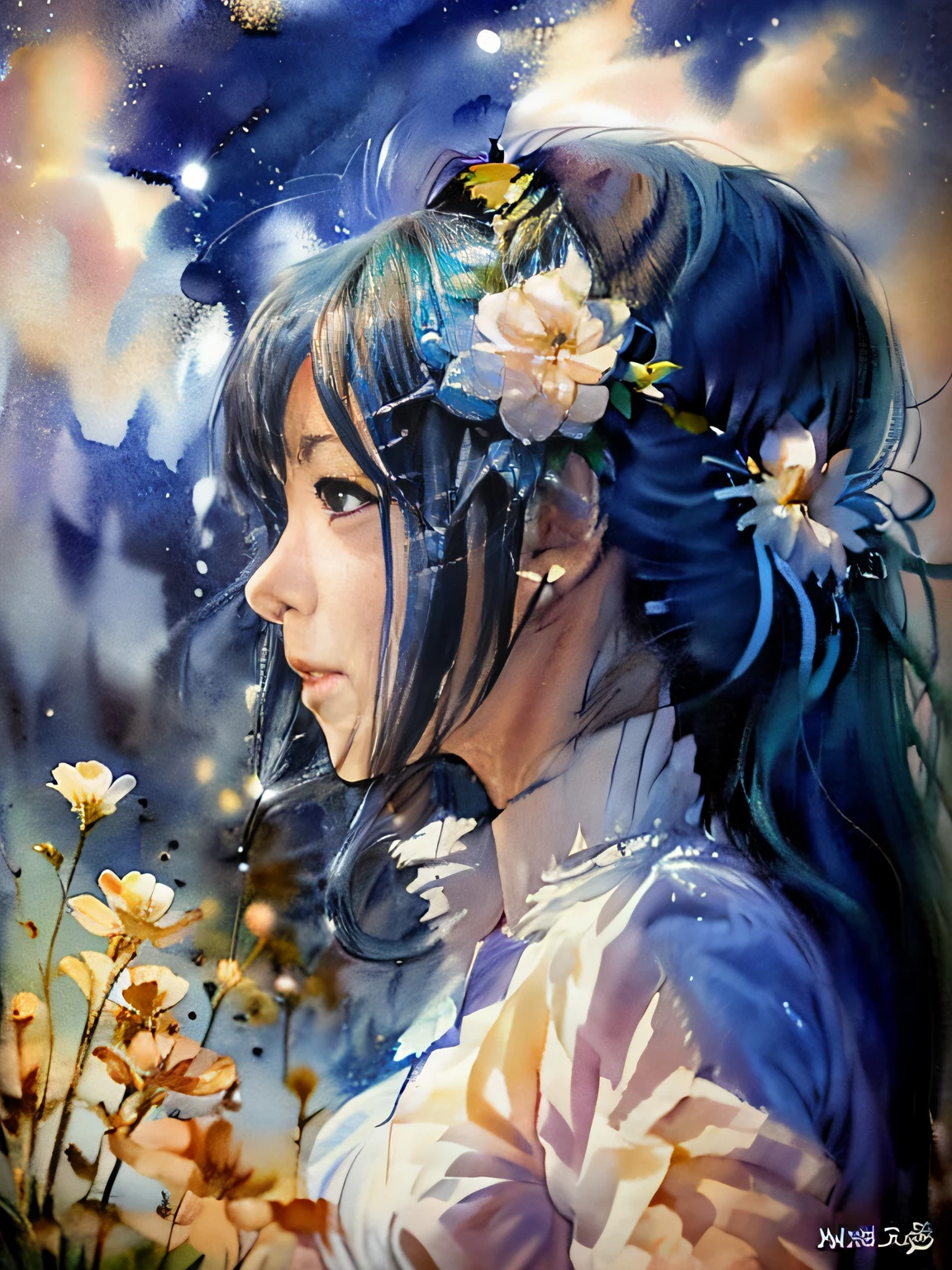 Anime girl in blue dress standing on rock，A flower stuck in his hair, cloud goddess, Anime Cloud, beautifull puffy clouds. anime big breast, Beautiful anime, white-haired god, ethereal anime, girl clouds, Anime goddess, anime wallaper, daytime ethereal anime, Beautiful anime artwork, Beautiful anime style, Beautiful anime art, anime beautiful peace scene, Sky Witch holding a doll in her hand