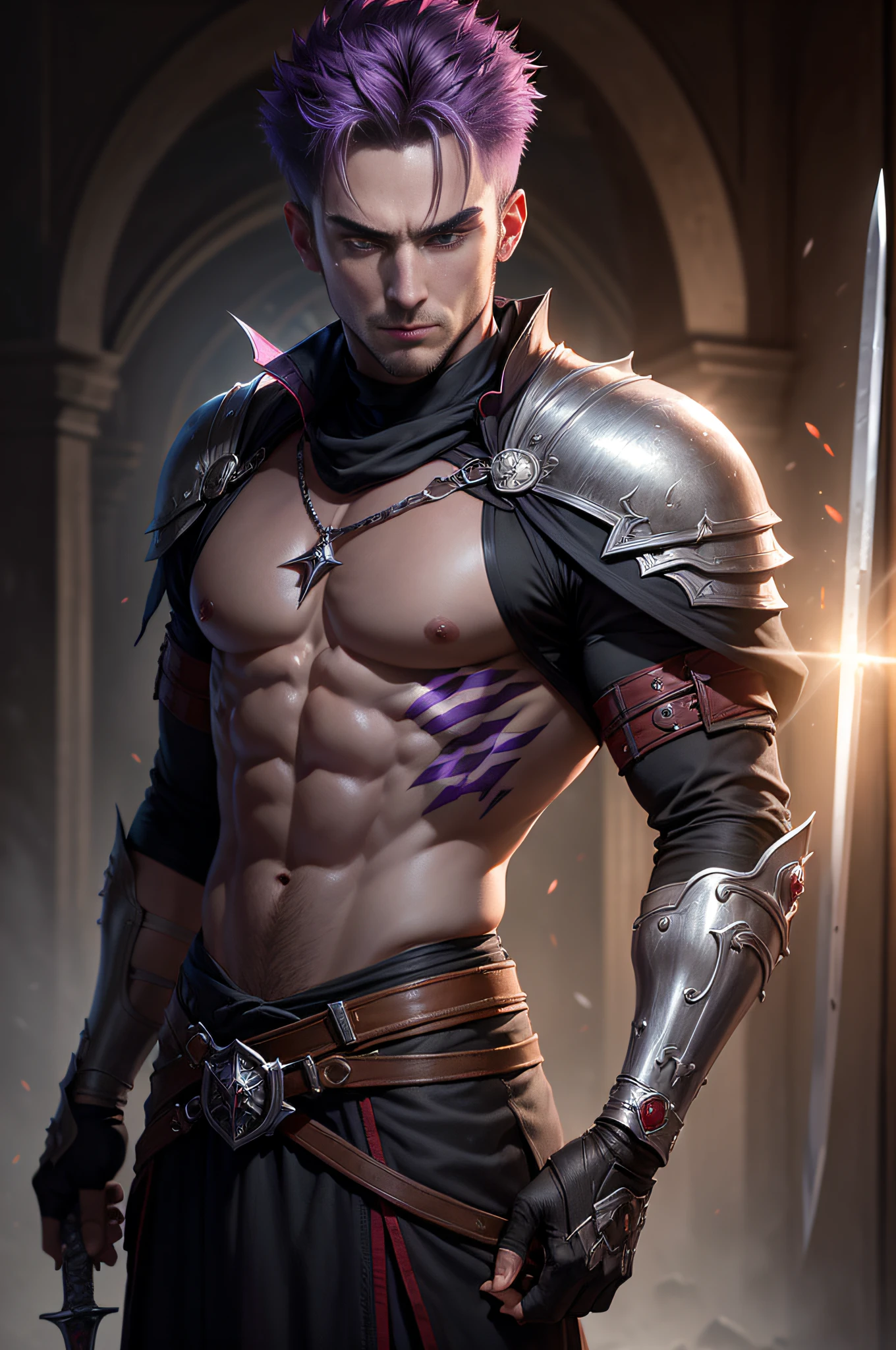 (((masterpiece, best quality, ultra detailed))), (male talented assassin, eliminate a target, scary looking, unapproachable vibe, expressionless, serious, perfect fingers, perfect hands, realistic detailed anatomy, looking at viewer), 35 years old, (medieval Assassin costumes), medieval guild as background, at night, backlighting, darkness, from above, dynamic angle, indoor, purple hair, very short hair, male face, forehead, male eyebrows, male eyes, sharp nose, adam's apple, (sharp eyes), red pupils glowing red, sword breaker in hand, realistic detailed equipment