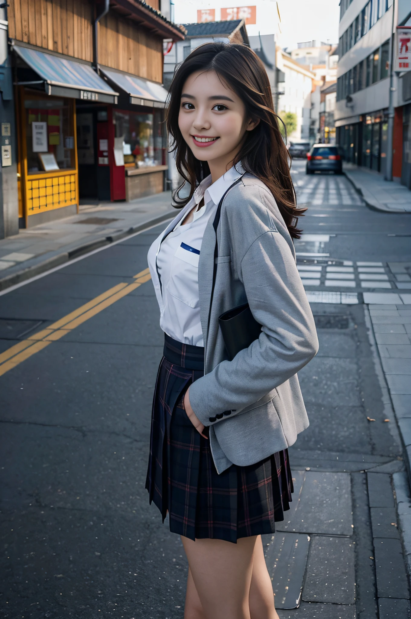 a 18 year old girl、a small face、Alafed Asian Girl in Uniform, Girl Standing On The Sidewalk, Teeth visible with a smile、middle size breasts、Turn the body to the side、View photographer、Plaid super mini skirt、Realistic Young Gravure Idol, a hyperrealistic schoolgirl, taken with sony alpha 9, Japan beautiful girl, Young Gravure Idol, a hyperrealistic schoolgirl, Young Pretty Gravure Idol, Cobblestones and old European cityscape background、(From below:1.0),