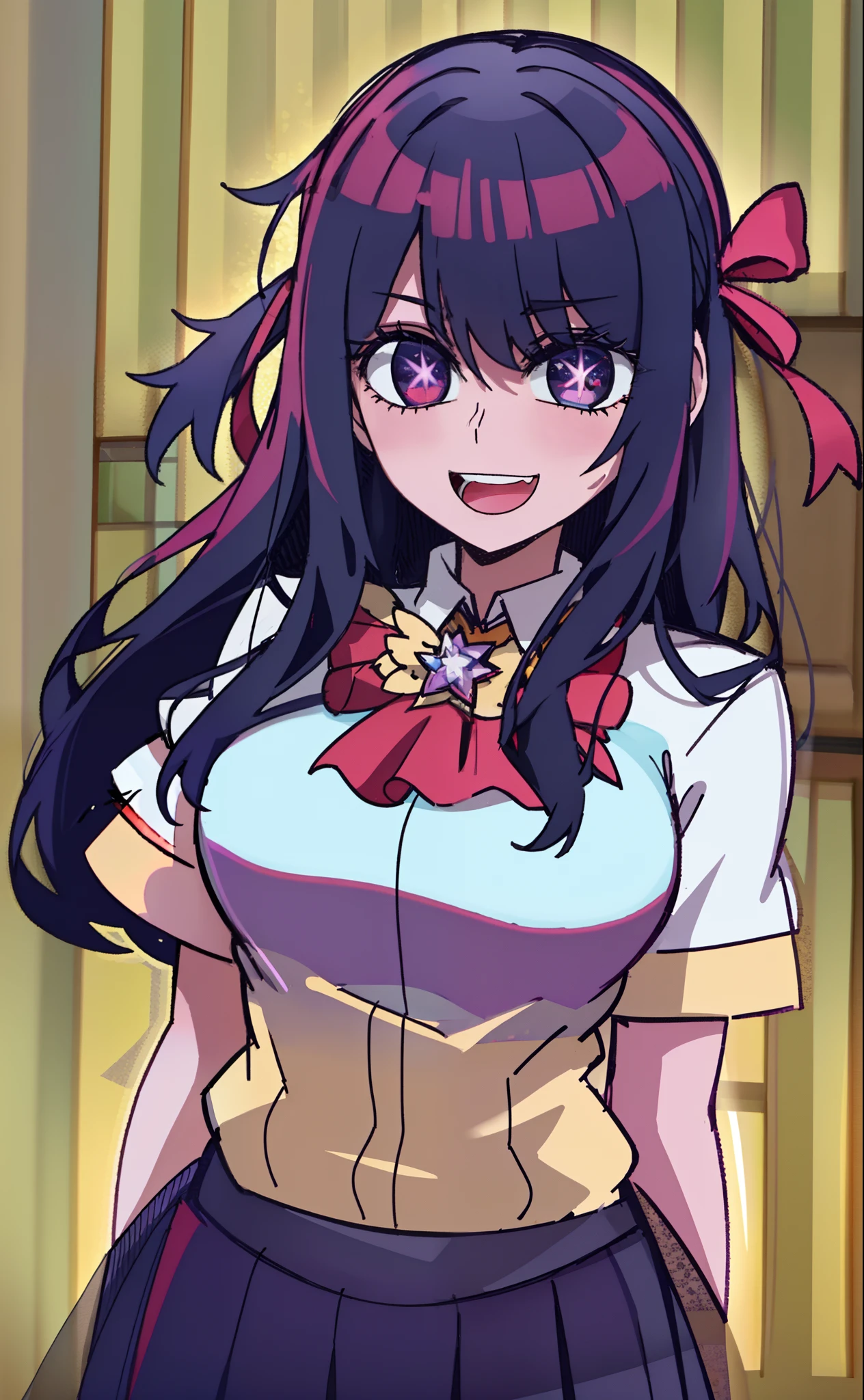 Anime girl with long black hair and a white shirt and red bow - SeaArt AI