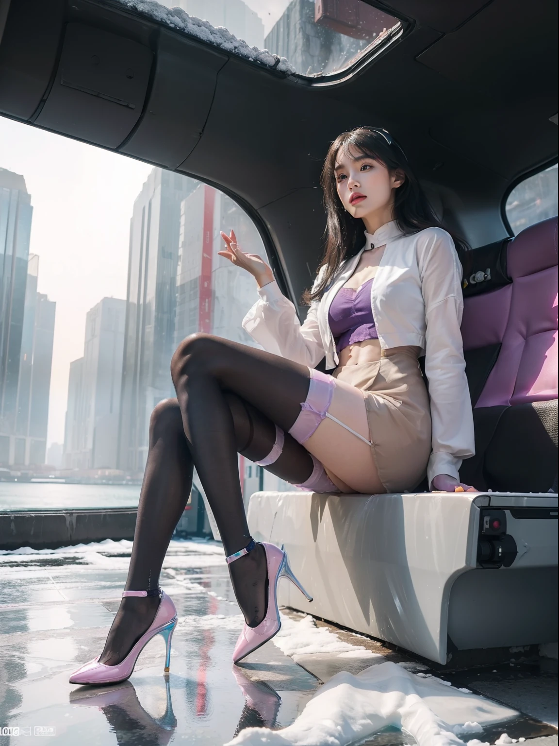 (full bodyesbian:2),(1girll:1.2)，(Reveal high heels，A perfect match to the picture:1.1)， (anatomy correct:1.3), (100D thickness pantyhose:1.4)，(Cyberpunk city characters|Underground|At the summit|on a snowy mountain|over the sea|in  the water|On the boat|Top of high-rise building|On the street|in woods|at the lakes|In front of the waterfall|in an airplane|In space|In the palace|In glass|In the sewers|In the mud|in a Petri dish|In nuclear wastewater|In venom|The metropolis of the future|:1.1)，(Dressed in gorgeous Japanese printed JK student uniforms)， (Polished pointed toe heels:1.6), (Stockings reflective:1.5)，(In pink|amarelo|blue colors|green color|red colour|white colors|black in color|purpleish color|greys|Beige|Flesh-colored:1.3)，(Accurate and perfect face:1.4)，A shallow laugh,,hyper HD, Ray traching, reflective light，structurally correct, Award-Awarded, high detal, lightand shade contrast, Face lighting，cinmatic lighting, tmasterpiece, super detailing, high high quality, high detal, best qualityer, 16k，