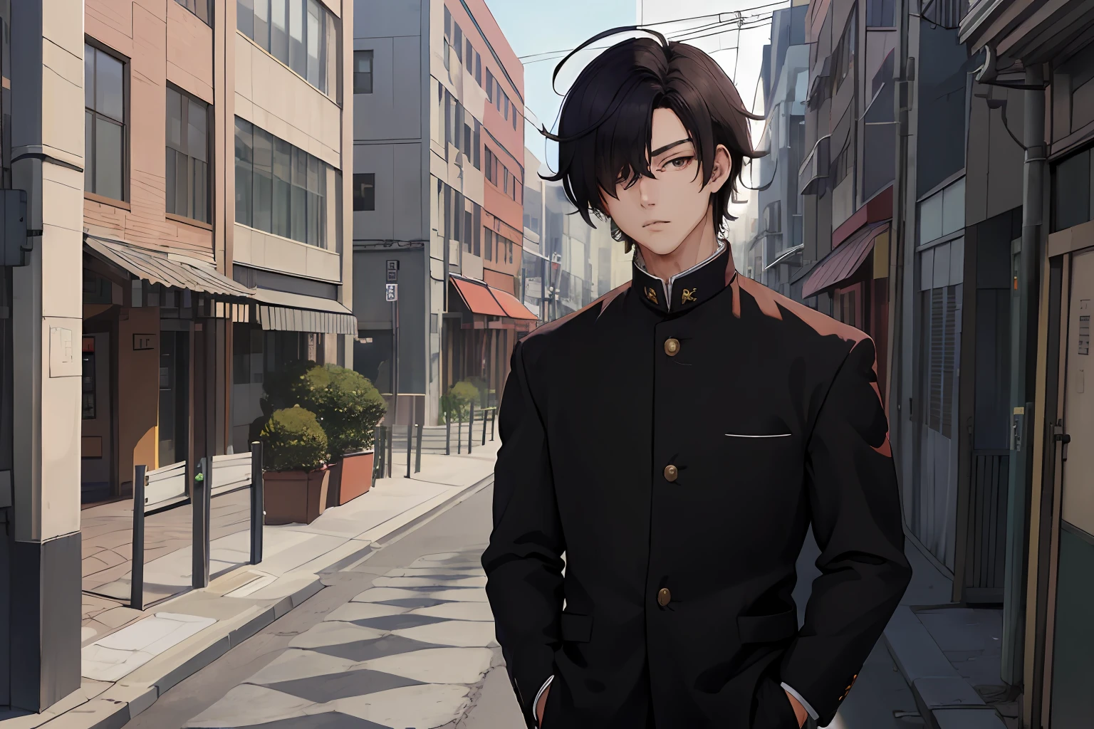 (masterpiece:1.2), best quality, intricate, stunning, extremely detailed, absurdres, illustration, line art, cinematic shot, high school boy, tall, athletic, detailed face, detailed eyes, black eyes, black hair, hair over one eye, ahoge, wearing gakuran, detailed fabric emphasis, red buttons, standing, hands in pockets, naoetsu high school building, crosswalk,