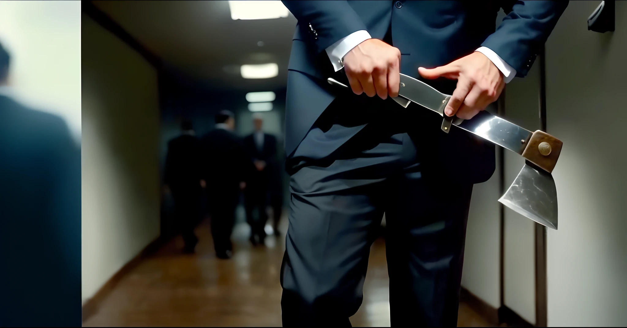 there is a man in a suit holding a large ax in his hand, video still, bank robbery movies, screenshot from a movie, youtube video screenshot, bank robbery movie, holding knife, from scene from inception, still from a music video, still from a terence malik film, holding a knife, shot from movie, still from a live action movie, movie screen shot