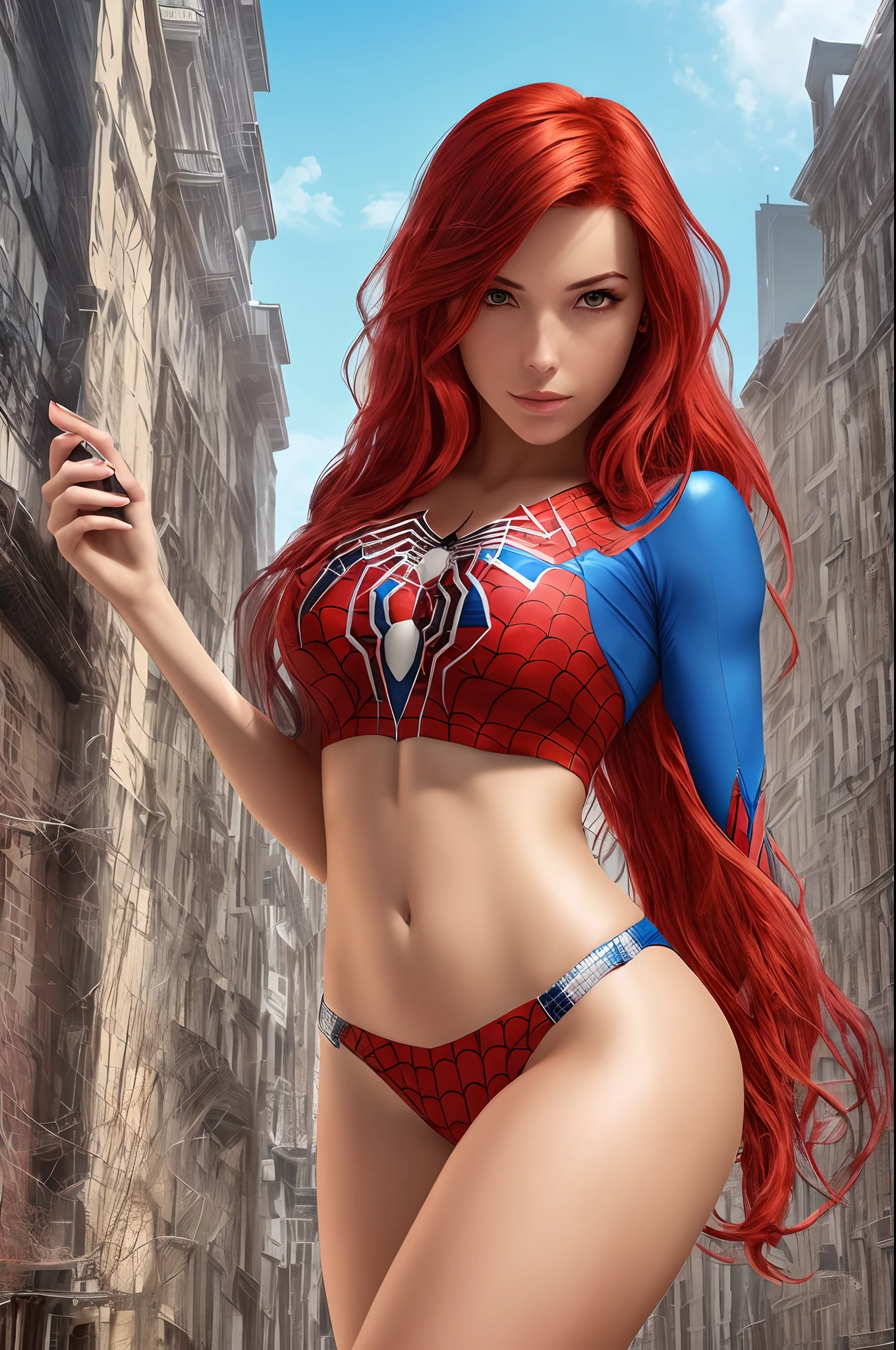 seductive red haired woman, hyper realistic, 64k, spider-man bikini --auto --s2