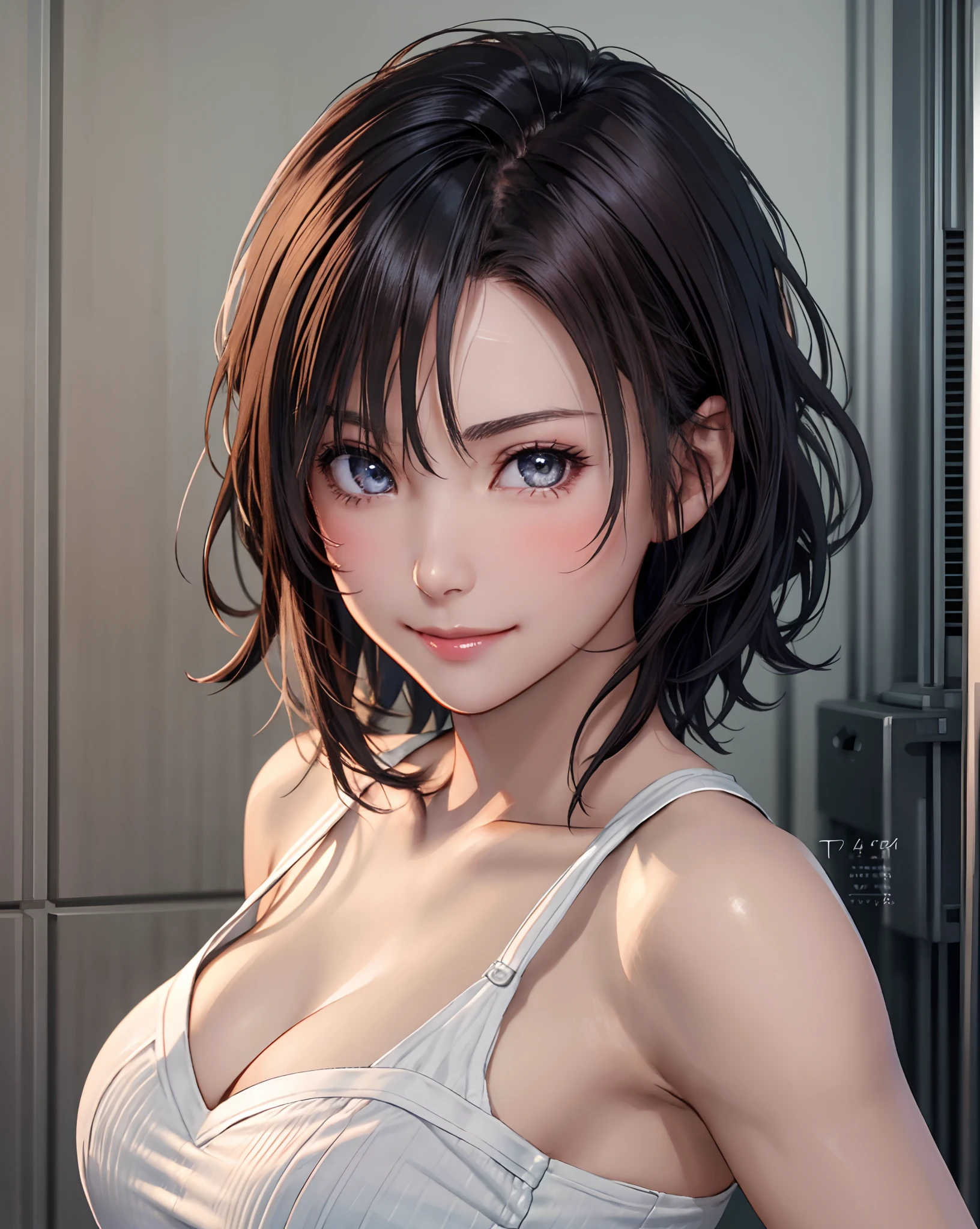 Best Quality, Ultra High Resolution, (Photorealistic: 1.4), Beautiful Eyes, Super Beautiful, Very Short Hair, Beautiful, Sweetheart, T-shirt with Rough Chest, Beautiful Soldier, Eyes That Invite Viewer, Lover's Perspective, Inviting Expression, Sexy Smile, Perfect Style, Perfect Balance, Detailed Skin, Naughty Gaze, Chest Visible