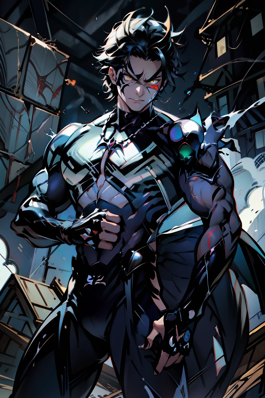 《the original god》Arataki Kazuto , male people， chest muscle， Sexy , Venom symbiote for your body, Black mucus of the body , into venom, venomize，Black bodysuit，（Cloak），Red cape，Abs，（Adult male）（（Venom possession，venom symbiote）），over-Tortoise Man，Battle damage，((Masterpiece)), ((Best quality)), Ultra detailed,((illustration)), Dynamic Angle, Detailed light, (Delicate eyes), Floating, 1boy, Male focus, Head, Clothing, Yellow eyes, necklace, tattoo, (Forehead:0.8), (ahoge:0.8), jewelry, brunette color hair,apathy，Ray， chest muscle， Sexy , Venom symbiote for your body, Black mucus of the body , （into venom）, Venom，frontage，Bust photo，White tight-fitting top，spiderman outfit，style of anime4 K， 4K anime wallpaper， Badass anime 8 K， 4 k comic wallpaper， young anime man， Anime boys， Anime wallpapers 4 k， Anime wallpaper 4K， High quality anime art style， Anime moe art style， Anime art wallpaper 8 K， Anime art wallpaper 4 K， RGB lighting，
