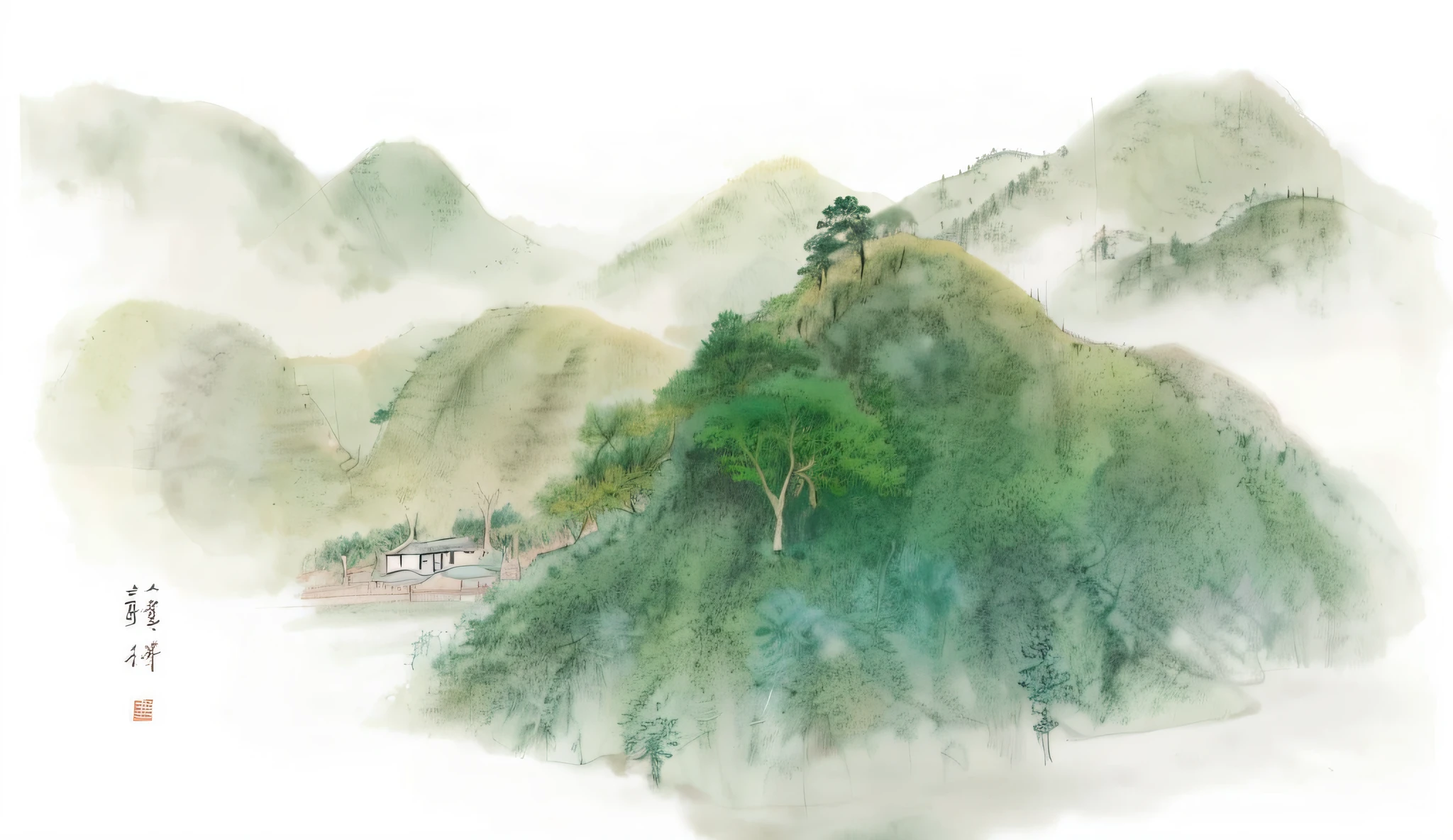 There is a painting of a house in the middle of the forest, Chinese watercolor style, Chinese painting style, Inspired by Wu Guanzhong, author:Cheng Jiasui, Chinese style painting, by Ye Xin, author:Xia Yong, author:Xu Xi, digital watercolor, author:Xia Chang, author:Dong Qichang, author:Mei Qing, author:Gaige, author:Xia Gui,Green Mountains and Green Water,It was drizzling,There is a small house in the mountains,Rain overwhelmed,aquarelle,watercolor paiting