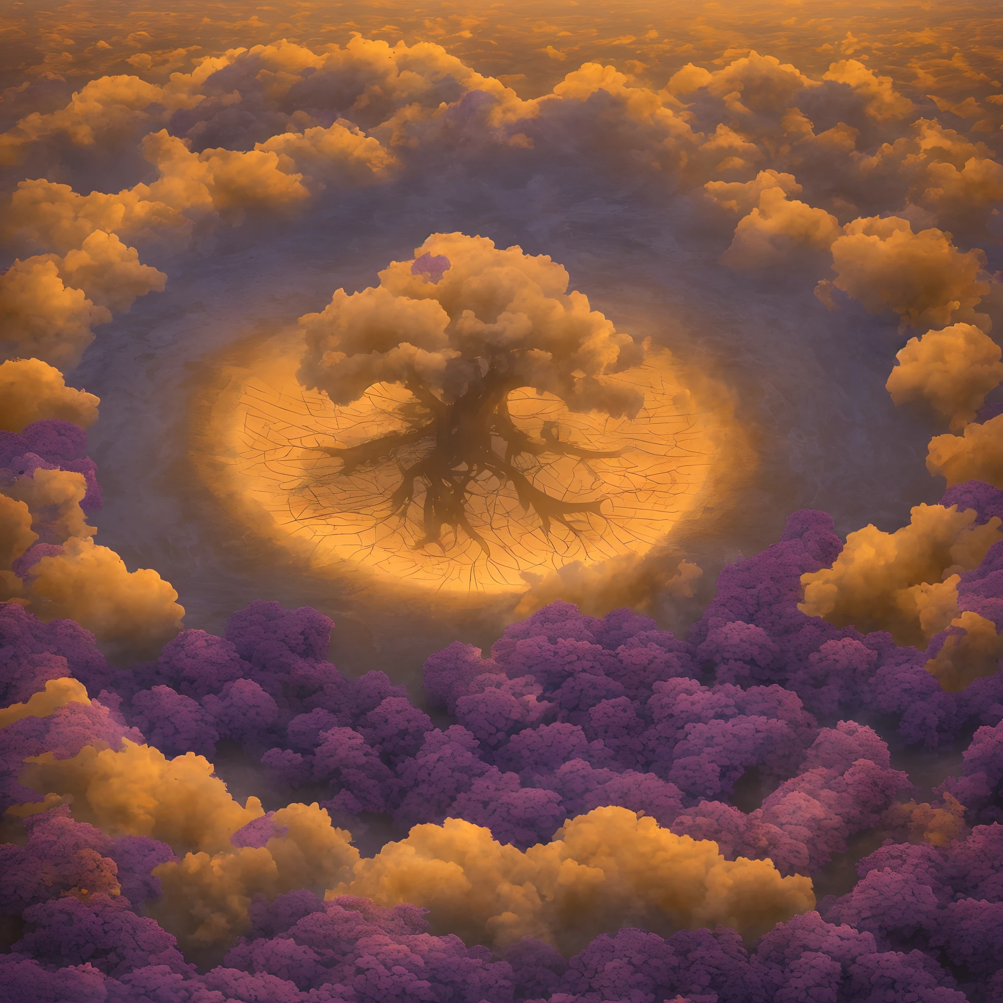 The Erdtree (Golden tree, Ōgonju) is a giant, golden tree that towers above the Lands Between. The Lands Between are blessed by the Elden Ring, which is the source of the Erdtree, that symbolizes its presence. It is the heart of the Golden Order. The blessing granted by the Erdtree and consequently the Elden Ring, is represented by a golden light in the eyes of the inhabitants of the Lands Between, known as the Grace of Gold. Upon their deaths, the remembrances of demigods and greater champions, and other such powerful beings are hewn into the Erdtree, 1tree, ((over the clouds)), glowing, purple sky, (purple1.2), no human, old tree, scenery, extreme long shot, from above, clouds beneath