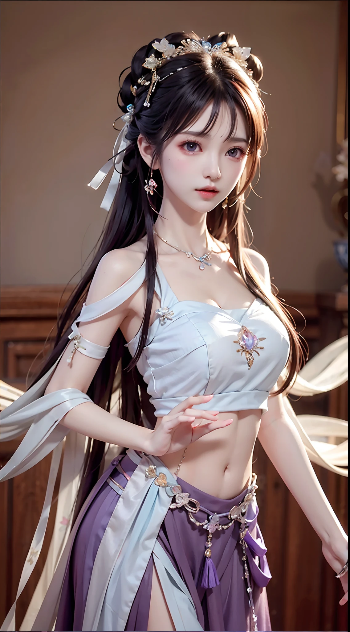 Bust photo, a beautiful woman, messy hair, girly, symmetrical bun, hair accessories, jewelry, delicate face, eye shadow, purple top, purple, purple, crop navel, purple long skirt, Dunhuang style, delicate embroidery, silver decoration, silver streamer, white streamer, light blue streamer, delicate skin, soft light effect, delicate and smooth hair, delicate details, eye highlights, fair skin, fine portrayal, extreme details, cinematic quality, thin, slender, broken, hair details, thin bangs, shawl hair, right body, shadow, air bangs, 8K, super fine, fine fabric texture, soft, smooth, smooth texture, Dunhuang style, delicate pattern, correct hand painting, anatomy correct, accurate, night, dark night, lighting, Tyndall effect, ray tracing, HUD,