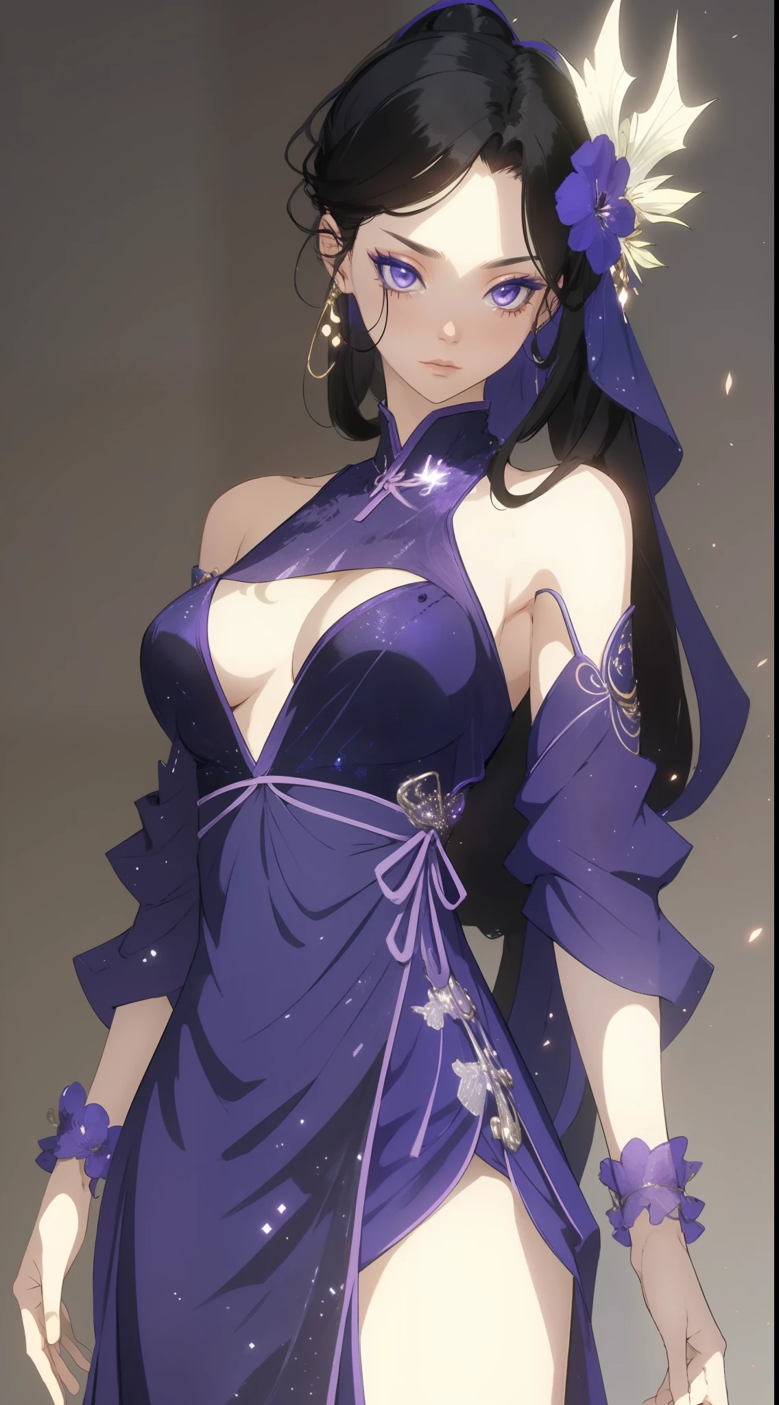 (best qualtiy,tmasterpiece:1.2),超高分辨率,realisticlying,Front lighting,Complicated details,Exquisitedetailsandtextures,(1girll),独奏,The upper part of the body,Purple Hanfu,Petal pattern,Nice big eyes,Purple dress,beauitful face,facing to audience,Streamers,gossamer,(年轻),Facial highlights,Detal Face,tear-mole,white skinned,Silvery hair,High ponytail,looking at viewert,largeeyes,(Openwork pattern),耳Nipple Ring,slimfigure,white backgrounid,correct hand,profesional lighting,photon maping,Radio City,physically-based renderingt