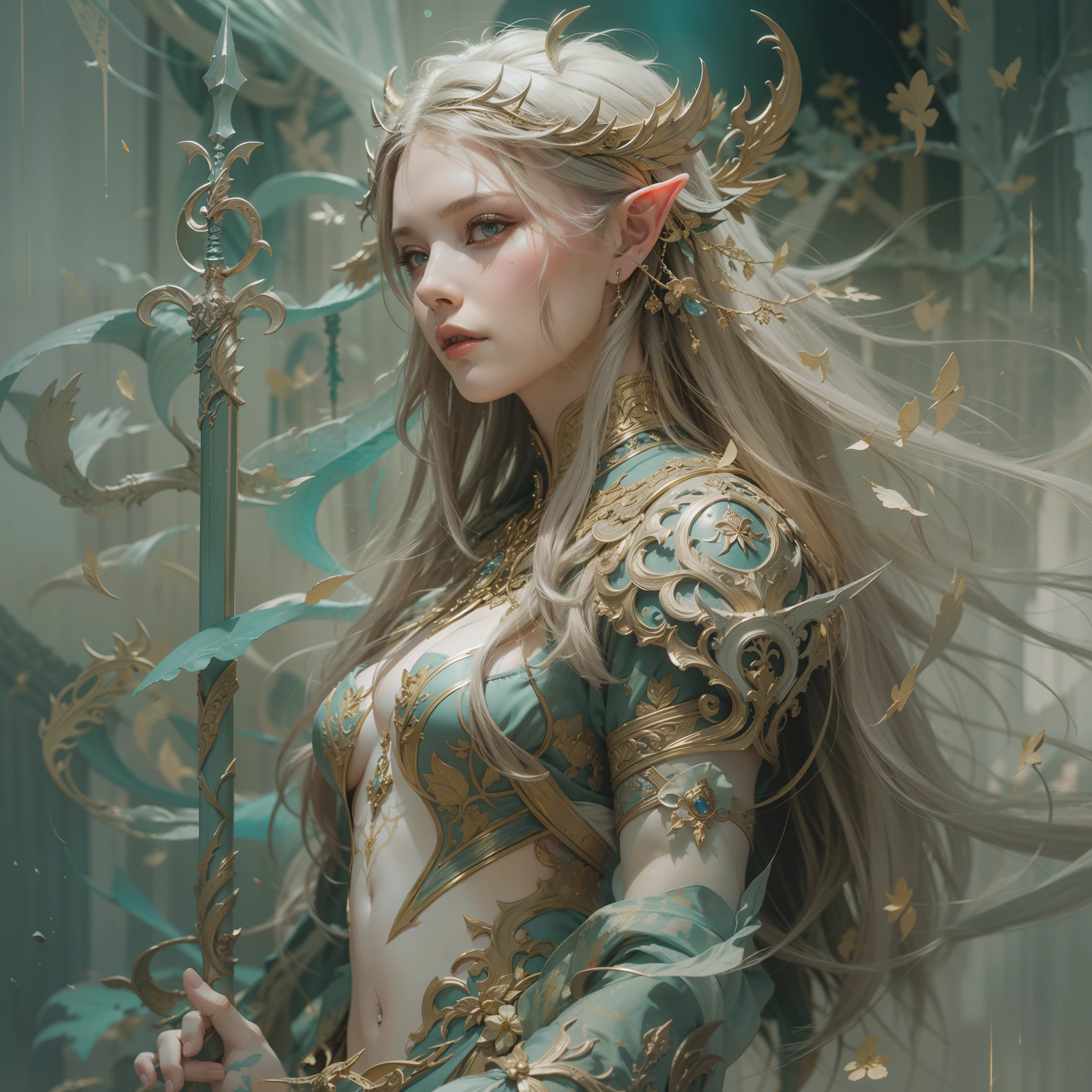 Beautiful full figure painting of perfect female elf queen, shapeless long hair, perfect features, wearing ornate elven armor, ornate sword, dynamic pose, art by Carne Griffiths and Wadim Kashin, ethereal background, abstract beauty, near perfection, pure form, minimalism, unfinished, concept art by Brian Froud and Carne Griffiths and Wadim Kashin and John William Waterhouse, intricate detail, 8k post-production, High resolution, super Detail, trending on ArtStation, sharp focus, studio photos, intricate detail, Very detailed, By Greg Rutkowski