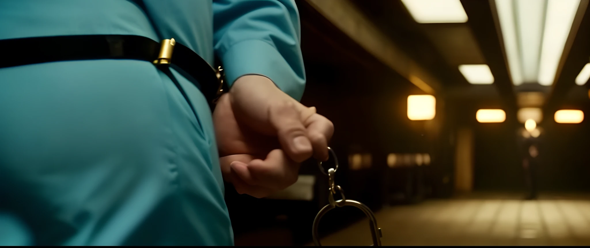 there is a man holding a pair of handcuffs and a key, shot from movie, handcuffed, handcuffs, shot from danis villeneuve movie, screenshot from a movie, still from a music video, movie screen shot, still from a terence malik film, still from the film, extended clip, youtube video screenshot, still from film, movie clip