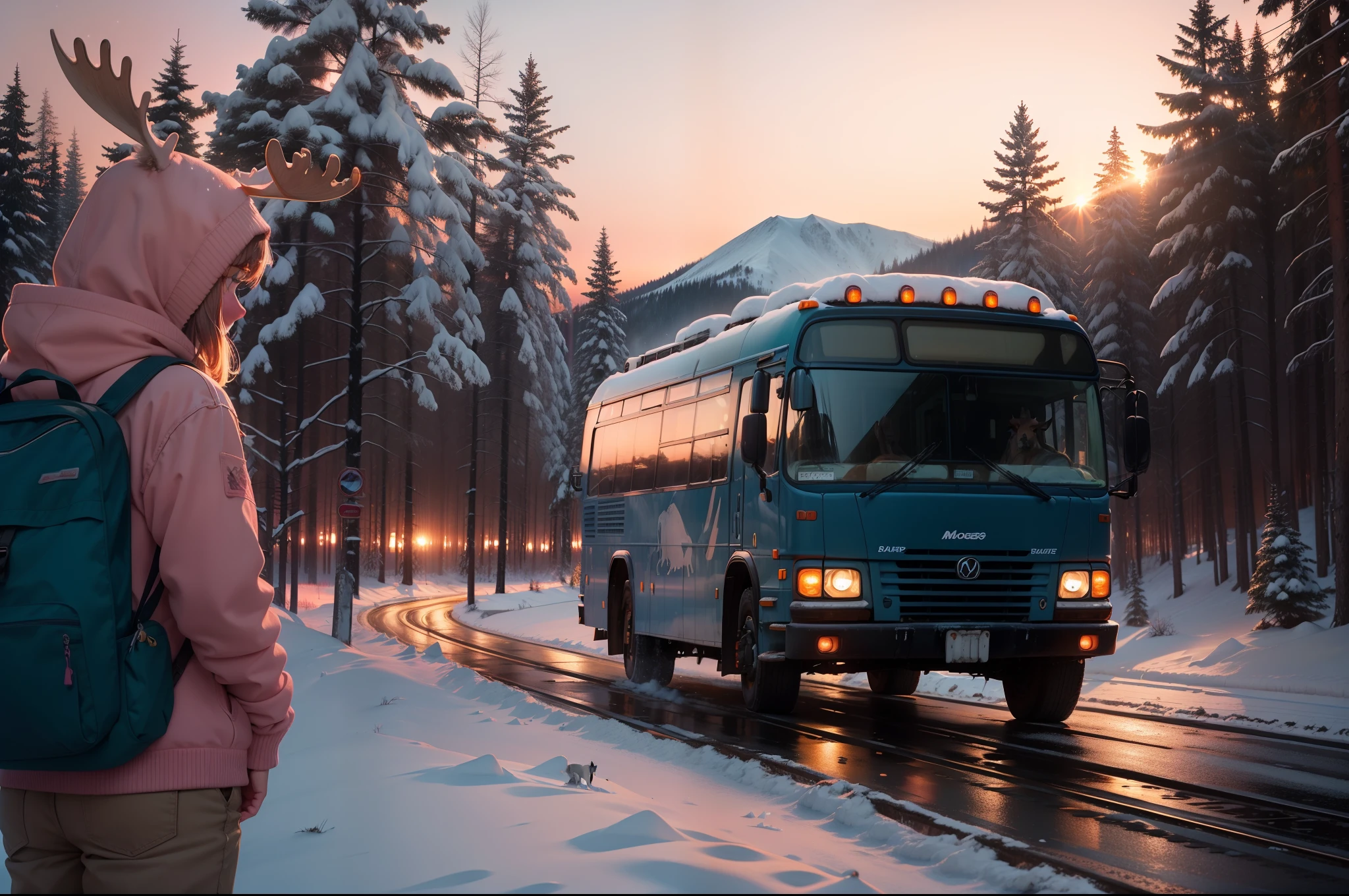 A moose at the side of the road, the moose looks at the front of an old, dented blue bus passing through the snowy landscape. The pink sunset light reflects on the windshield. The blue bus travels to the sunset. Further back you can see a forest. The landscape is dyed with pink and salmon colors by the sunset light.