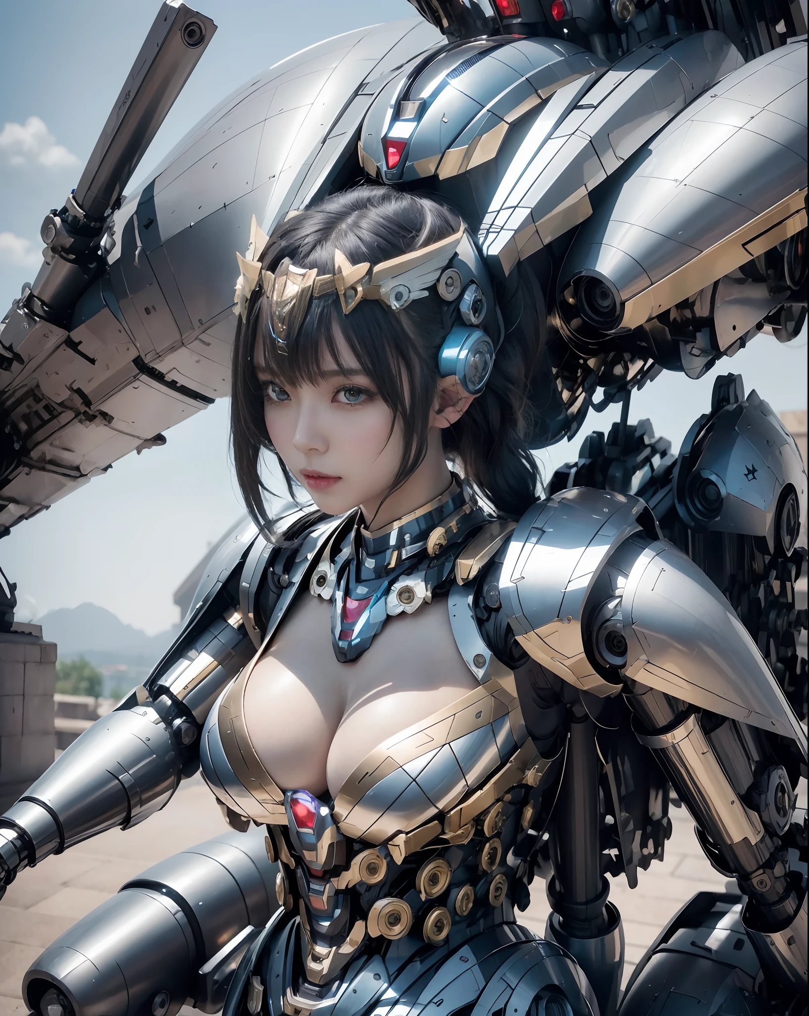 (masutepiece, Best Quality, Raw photo), Solo, One Japan Idol, (Detailed skin), Shiny skin, Detailed face, (Detailed eyes), Shining eyes, Glossy lips,(look at viewr:1.5), (Large breasts:1.0), (cleavage of the breast:1.5), (Clear perineal shape:1.5), Smile affectionately, (Photos of her from head to knee), cinematic shadow:, (Highly detailed background), Magnificent space station:2.0
Woman in blue and black costume holding sword:1.5, (mechanized valkyrie girl:1.5), as a mystical valkyrie, mystical atlantean valkyrie, Girl in Mecha Cyber Armor:1.5, mystical valkyrie, by Yang J, 2. 5 d cgi anime fantasy artwork, cgsociety and fenghua zhong, angel knight girl, beautiful cyborg angel girl:2.0, chengwei pan on artstation