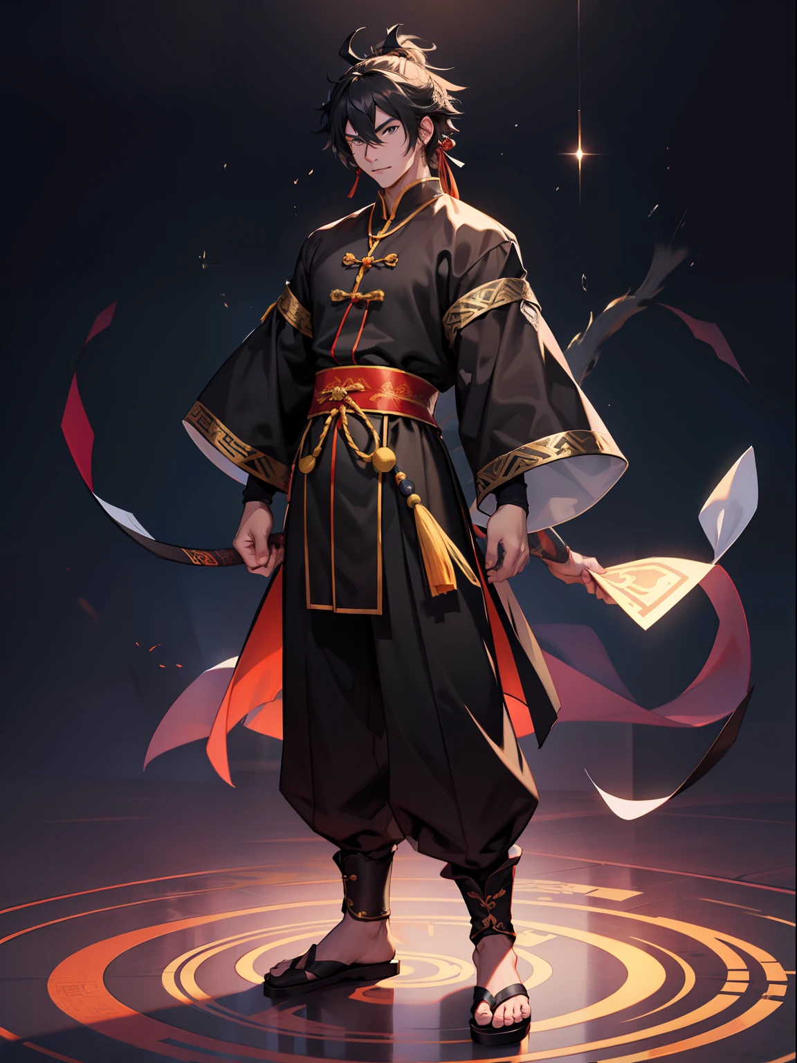 of a guy,Wearing a black Douluo costume,standing on your feet,nigth,Taoist