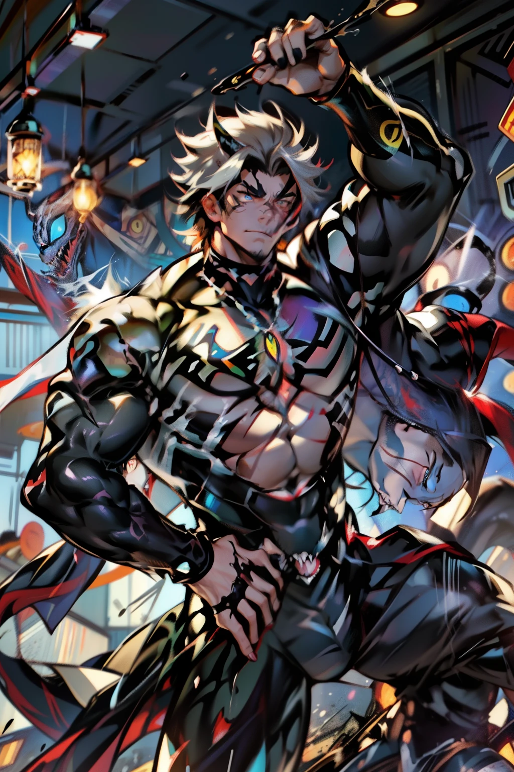 《the original god》Arataki Kazuto , male people, chest muscle, Sexy , Venom symbiote for your body, Black mucus of the body , into venom, venomize,Black bodysuit,(Cloak),Red cape,Abs,(Adult male)((Venom possession,venom symbiote)),over-Tortoise Man,Battle damage,((Masterpiece)), ((Best quality)), Ultra detailed,((illustration)), Dynamic Angle, Detailed light, (Delicate eyes), Floating, 1boy, Male focus, Head, Clothing, Yellow eyes, necklace, tattoo, (Forehead:0.8), (ahoge:0.8), jewelry, brunette color hair,apathy,Ray, chest muscle, Sexy , Venom symbiote for your body, Black mucus of the body , (into venom), Venom,frontage,Bust photo,White tight-fitting top,spiderman outfit,style of anime4 K, 4K anime wallpaper, Badass anime 8 K, 4 k comic wallpaper, young anime man, Anime boys, Anime wallpapers 4 k, Anime wallpaper 4K, High quality anime art style, Anime moe art style, Anime art wallpaper 8 K, Anime art wallpaper 4 K, RGB lighting,