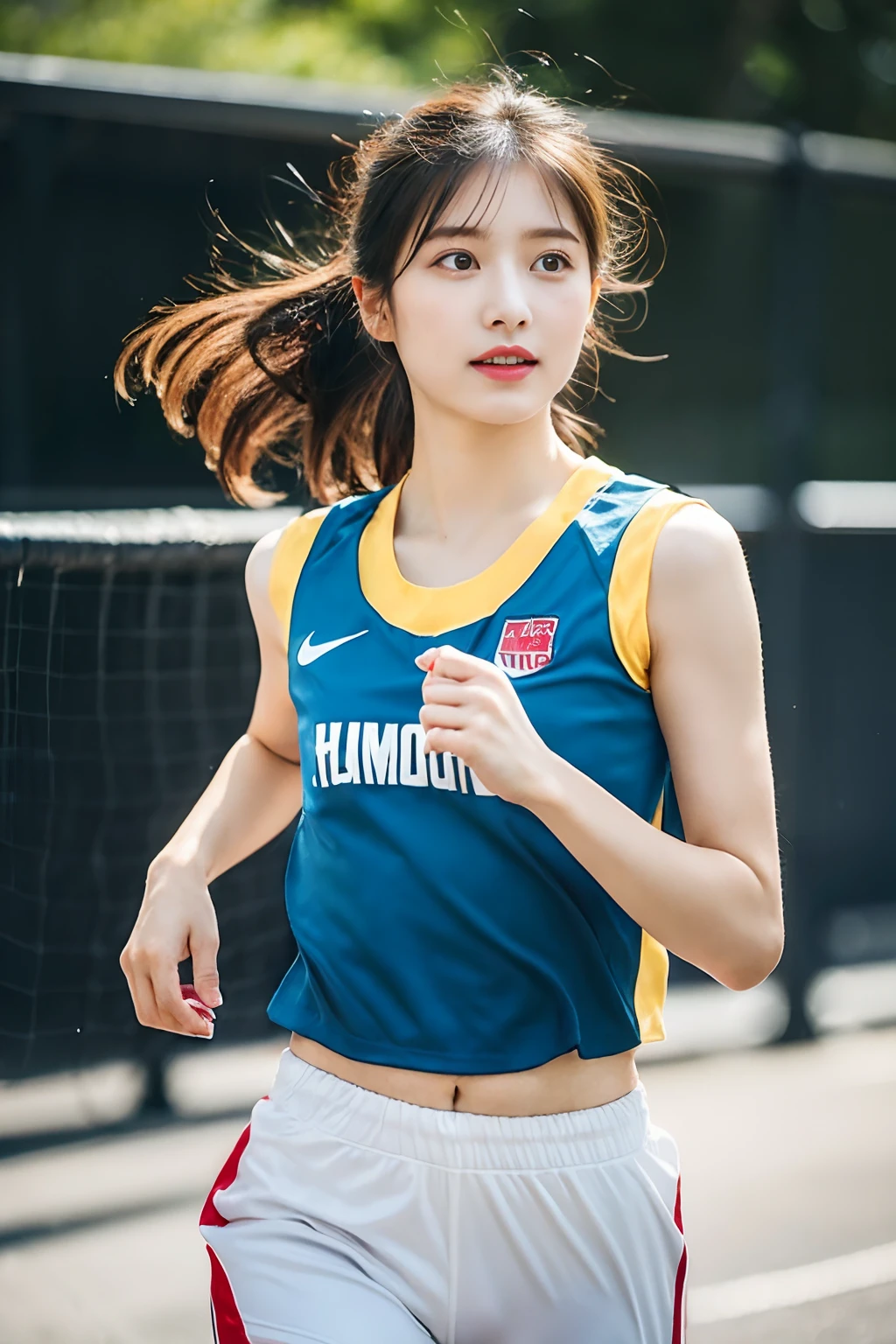 (((Sports, Short, Long, Running, Jogging, Marathon, Exercise, Athletics, Running, Running Posture, Running, Feeling of Galloping, Sweat, Sweat, Sweating Lots)))), ((Volley Uniform: 1.3, White, Red, Blue, Uniform: 1.3, Lower, Swaying, Hetero)), ((White, Red, Blue, Bloomers: 1.2, Low Rise)), (Athletics, Floating Hair NovaFrog Style, Floating Hair, Hair and Clothes That Flutter in the Wind, High School, Slender Abs: 1.2, Navel, Serious Look), (The shape of the pubic area is clearly visible)), Blushing, NSFW, 8k, RAW Photo: 1.2, (Best Quality: 1.4, Masterpiece: 1.4), Super Detail, Best Illustration, Ultra High Resolution, Portrait, Film Grain, 1girl, POV, Depth of Field, Photorealistic: 1.4, detailed hair, realistic hair, realistic lighting, realistic shadows, realistic clothing, realistic skin, natural skin texture, portrait: 0.6, light particles, lens flare, glowing particles: 0.6, bokeh: 1.2, clean: 1.8, professional lighting, photon mapping, radiosity, physically based rendering, incredibly absurd, Glossy skin, pale skin: 1.2, PureErosFace_v1: 0.7, fair skin: 1.1, round face: 1.5, mouth open, puffy eyes, purple eyes, double eyelids, egyosar: 1, floating hair, makeup, Japan girl, lovely thighs, shining thighs, shining legs