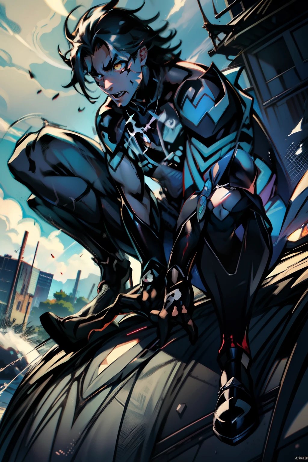《the original god》Arataki Kazuto , male people, chest muscle, Sexy , Venom symbiote for your body, Black mucus of the body , into venom, venomize,Black bodysuit,(Cloak),Red cape,Abs,(Adult male)((Venom possession,venom symbiote)),over-Tortoise Man,Battle damage,((Masterpiece)), ((Best quality)), Ultra detailed,((illustration)), Dynamic Angle, Detailed light, (Delicate eyes), Floating, 1boy, Male focus, Head, Clothing, Yellow eyes, necklace, tattoo, (Forehead:0.8), (ahoge:0.8), jewelry, brunette color hair,apathy,Ray, chest muscle, Sexy , Venom symbiote for your body, Black mucus of the body , (into venom), Venom,frontage,Bust photo,White tight-fitting top,spiderman outfit,style of anime4 K, 4K anime wallpaper, Badass anime 8 K, 4 k comic wallpaper, young anime man, Anime boys, Anime wallpapers 4 k, Anime wallpaper 4K, High quality anime art style, Anime moe art style, Anime art wallpaper 8 K, Anime art wallpaper 4 K, RGB lighting,